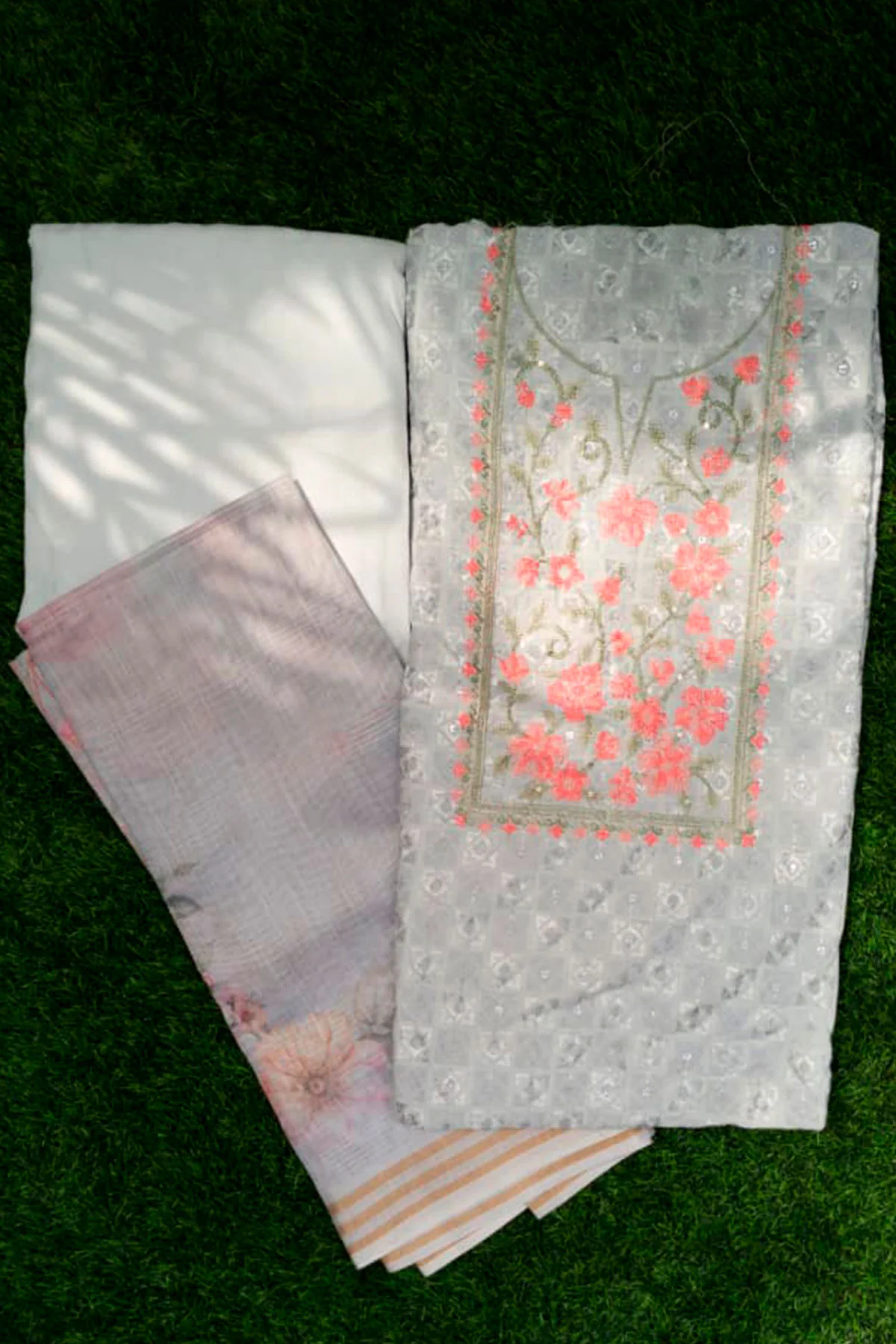 Soft Grey Floral Embroidered Unstitched Suit - Image 4