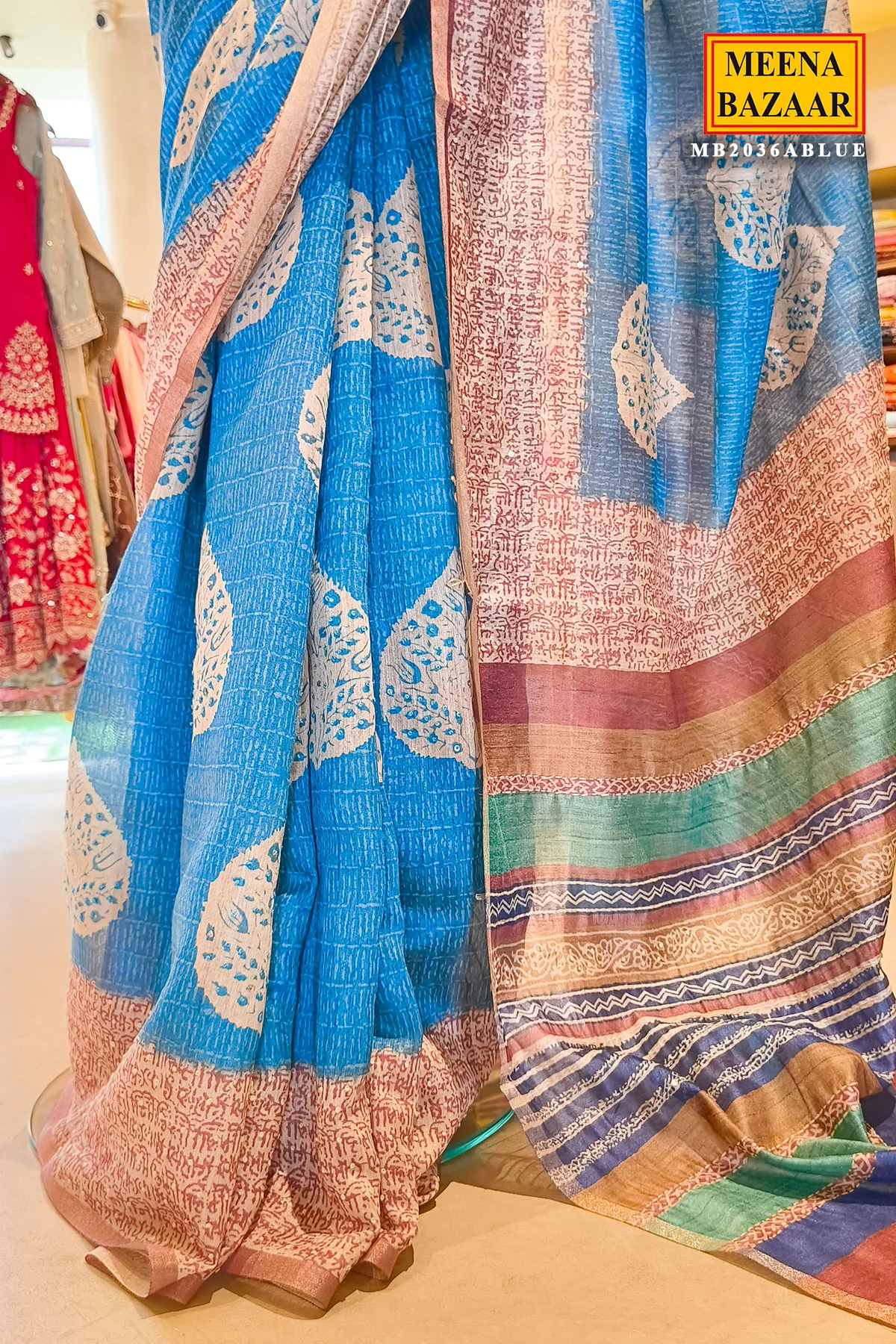 Sophisticated Cotton Saree in Blue with Zari Border - Image 4