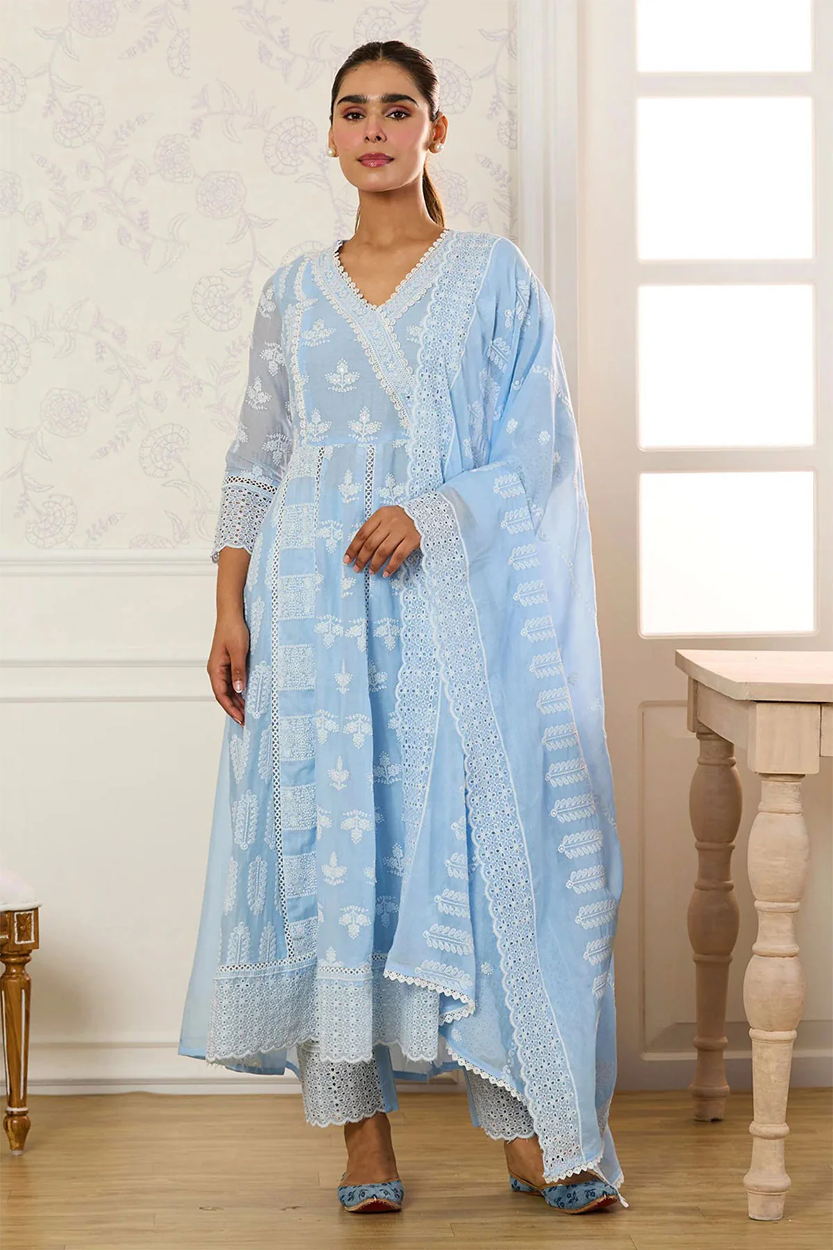 Summer Staple Light Blue Kurta Pant Set With Dupatta