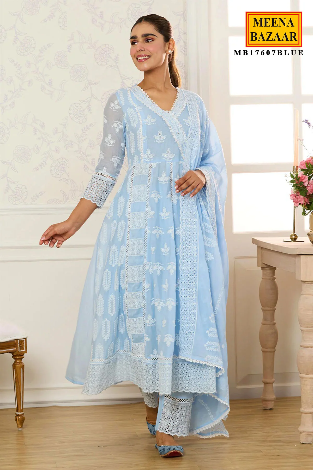 Summer Staple Light Blue Kurta Pant Set With Dupatta - Image 10