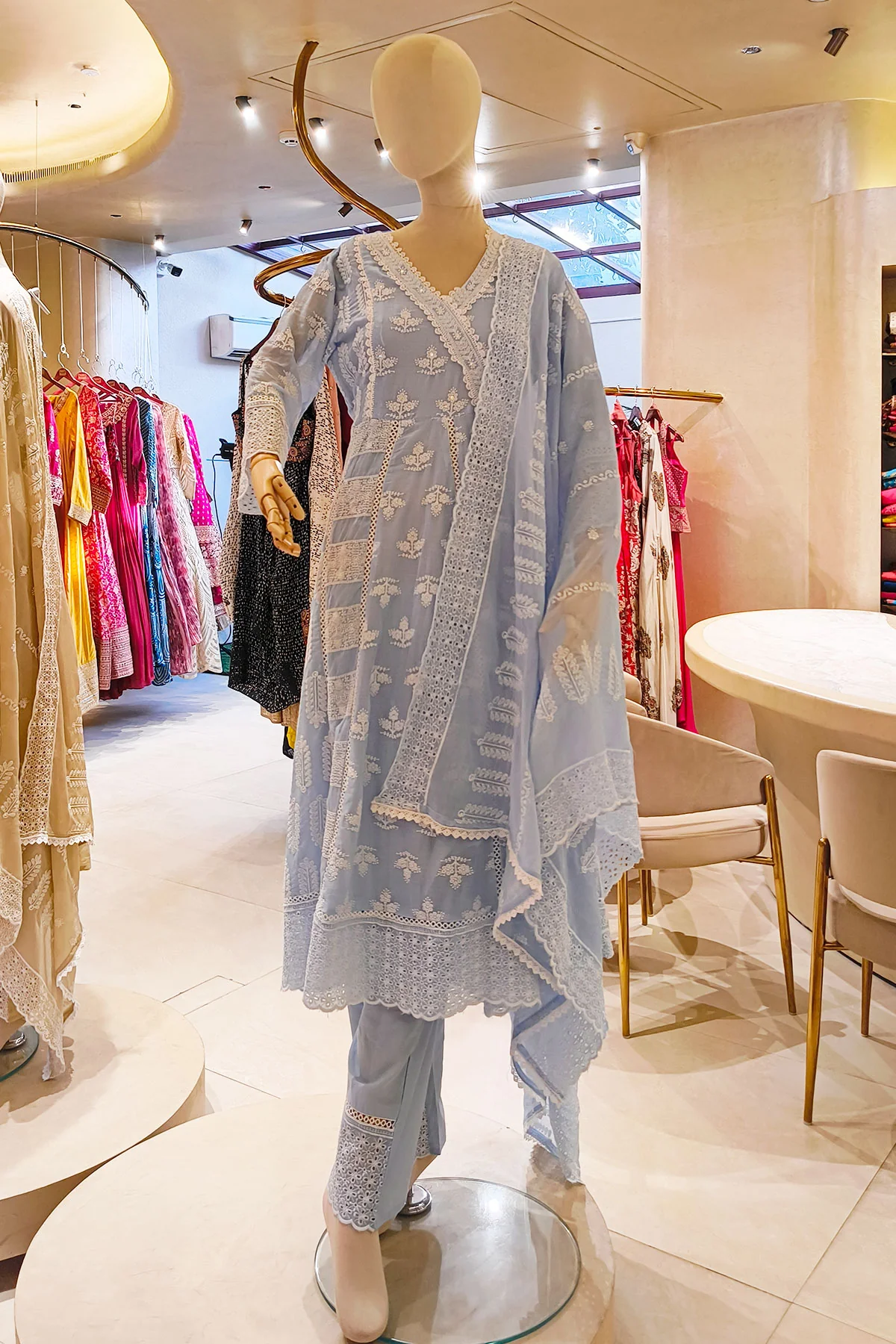 Summer Staple Light Blue Kurta Pant Set With Dupatta - Image 12