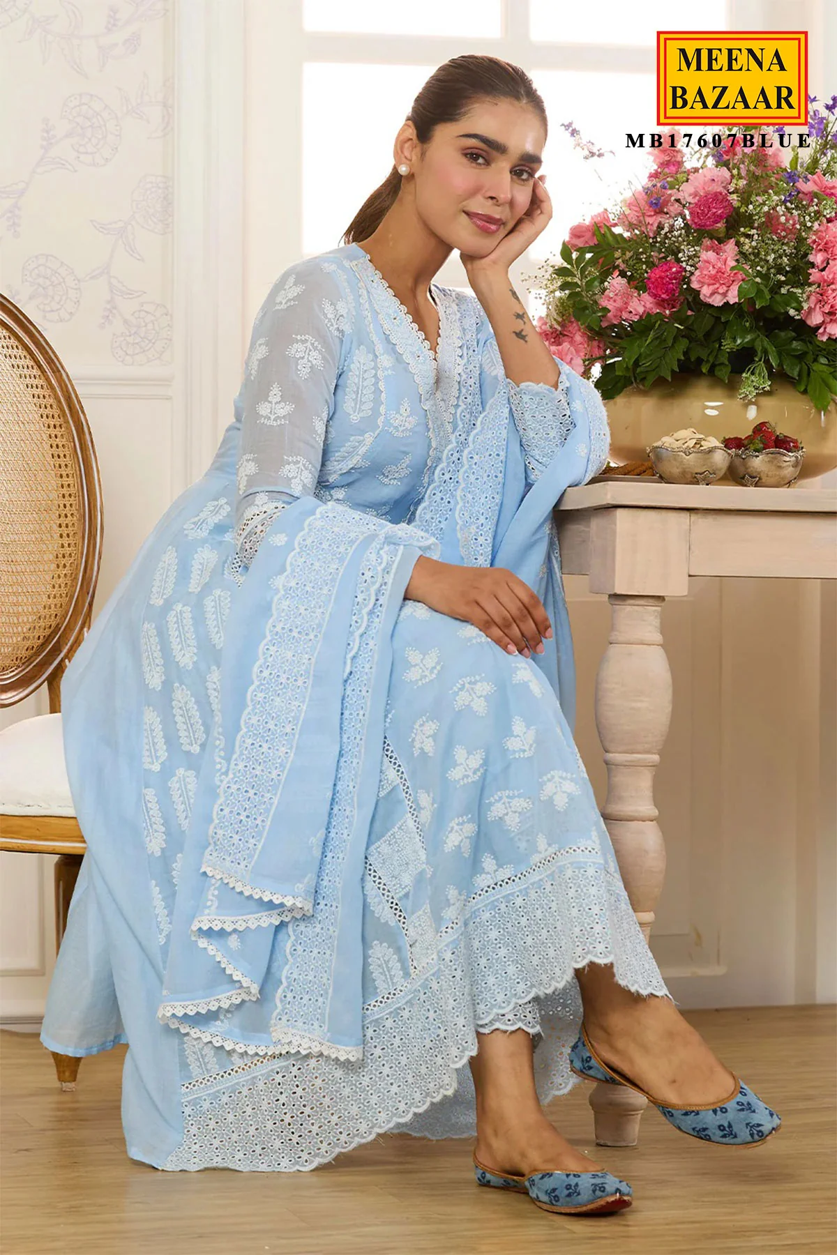 Summer Staple Light Blue Kurta Pant Set With Dupatta - Image 5