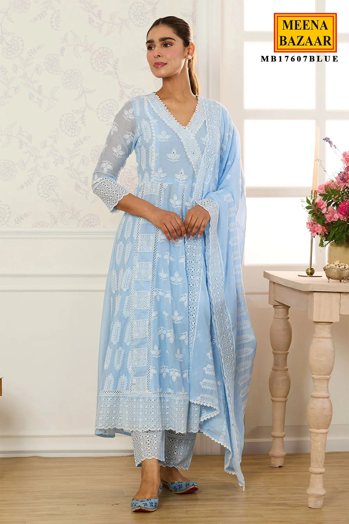 Summer Staple Light Blue Kurta Pant Set With Dupatta - Image 7