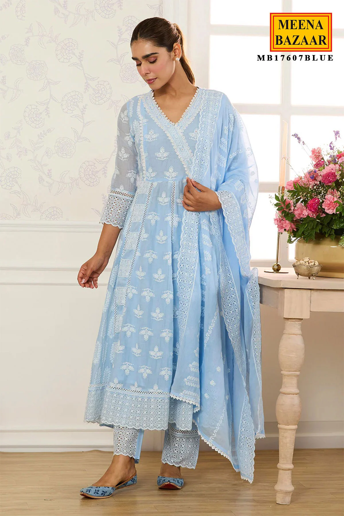 Summer Staple Light Blue Kurta Pant Set With Dupatta - Image 9