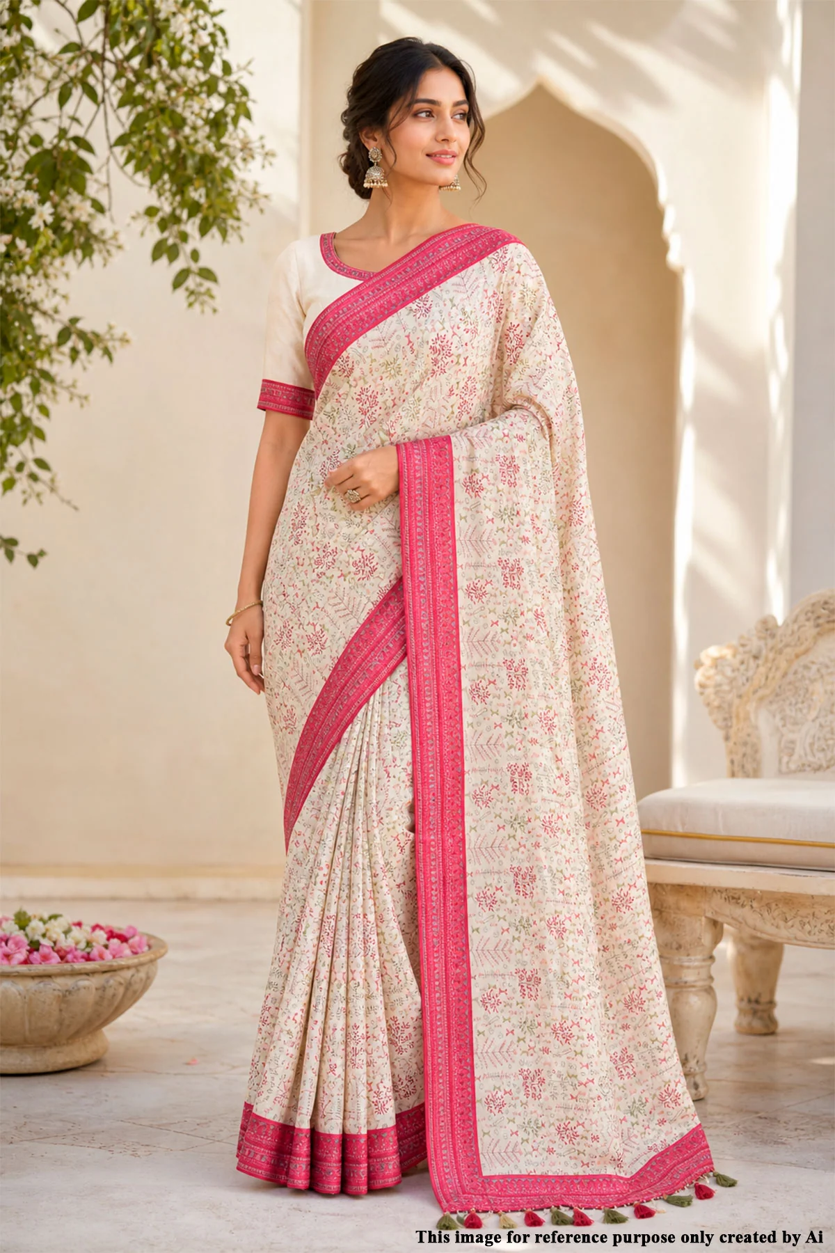 Tusar Silk Saree with Intricate Thread Work & Maroon Sequin Border