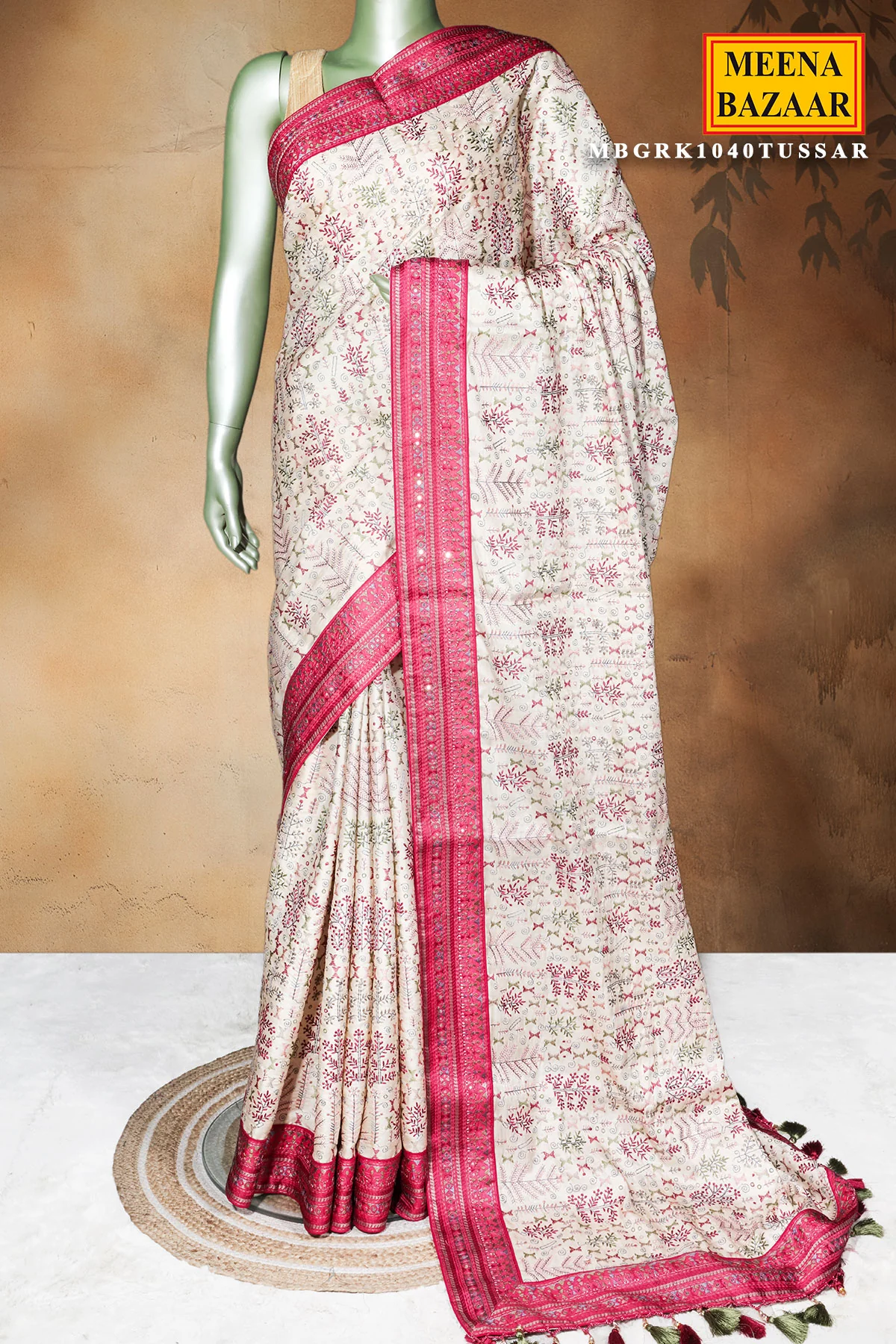 Tusar Silk Saree with Intricate Thread Work & Maroon Sequin Border - Image 2