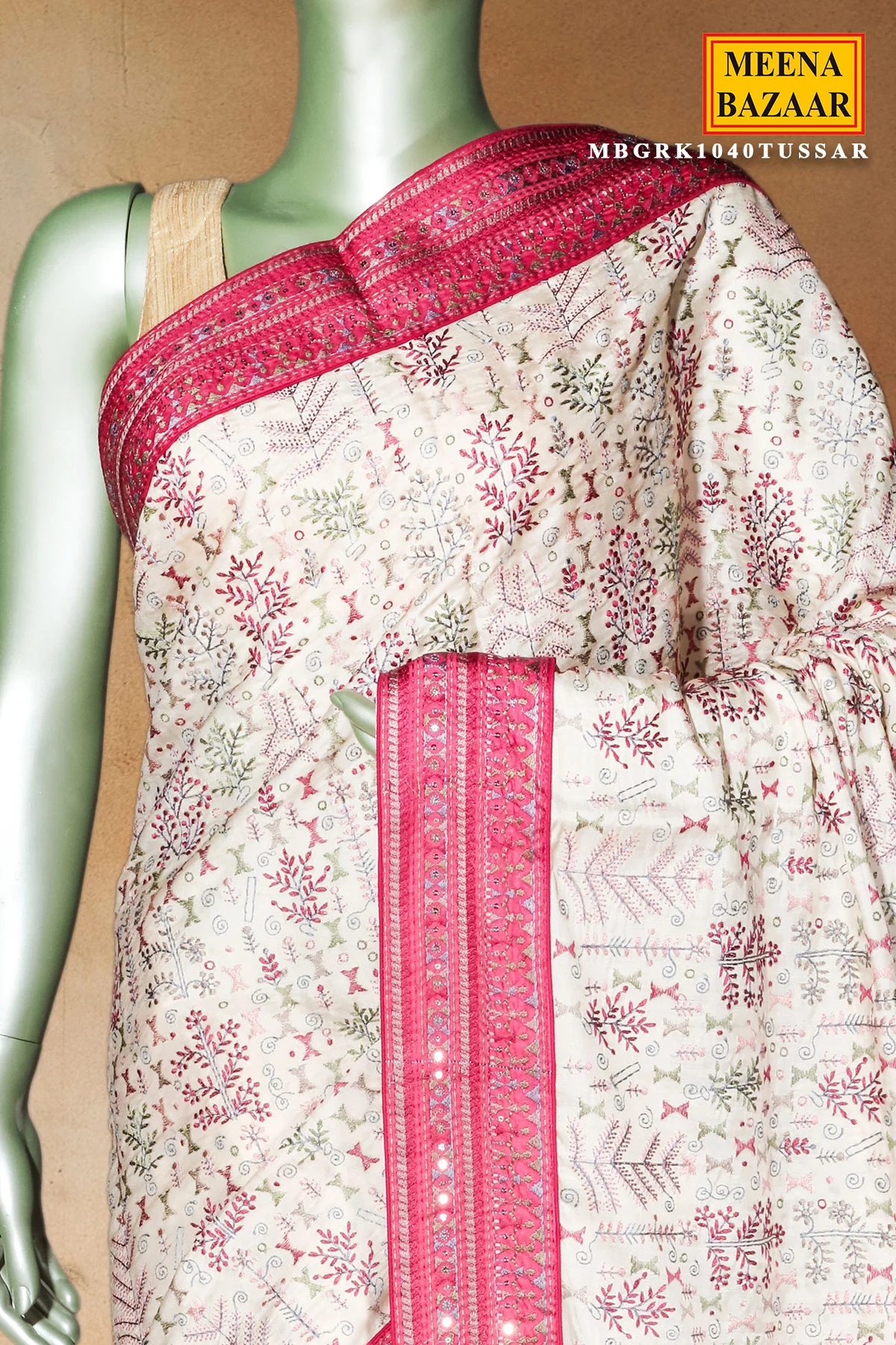 Tusar Silk Saree with Intricate Thread Work & Maroon Sequin Border - Image 3
