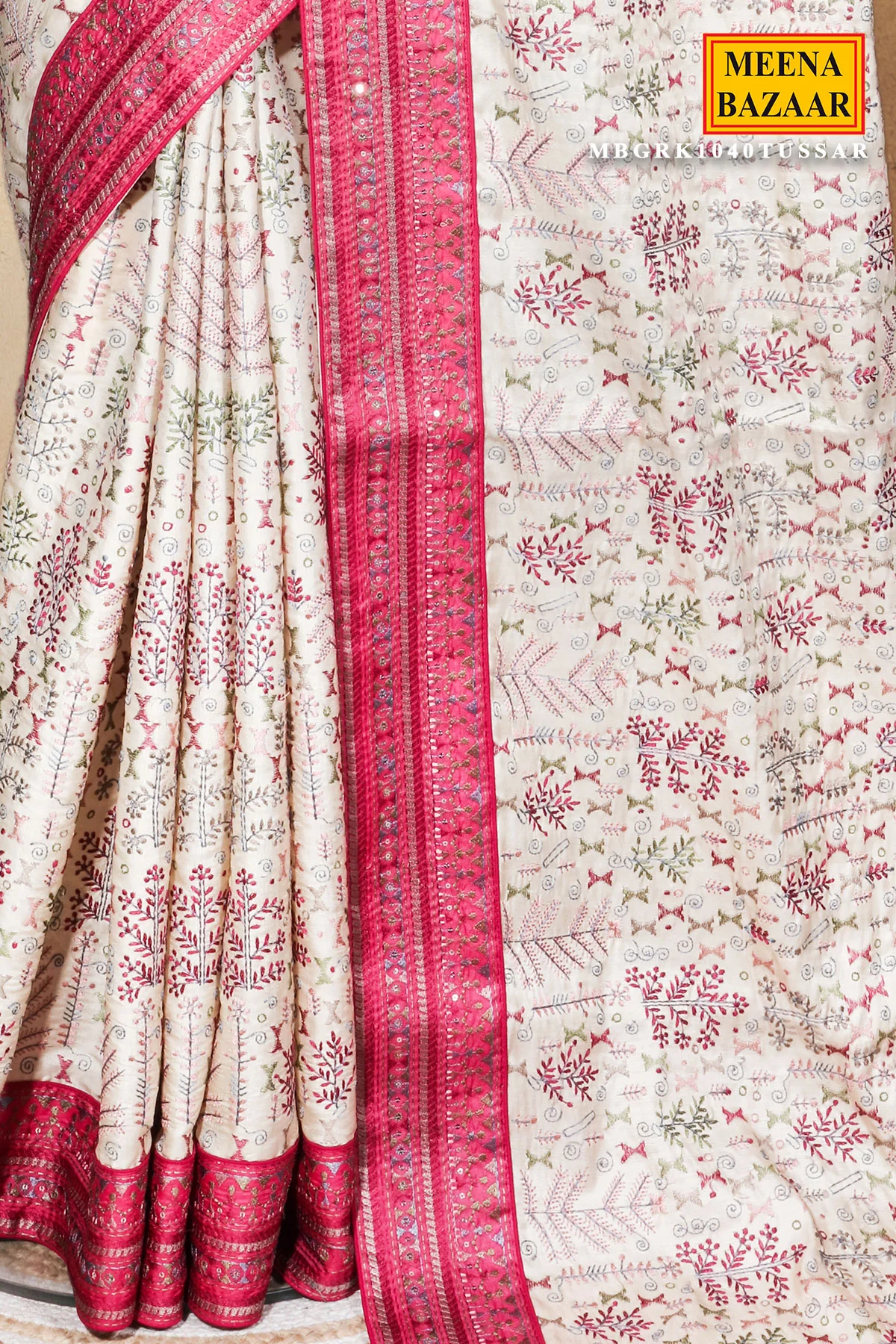 Tusar Silk Saree with Intricate Thread Work & Maroon Sequin Border - Image 4