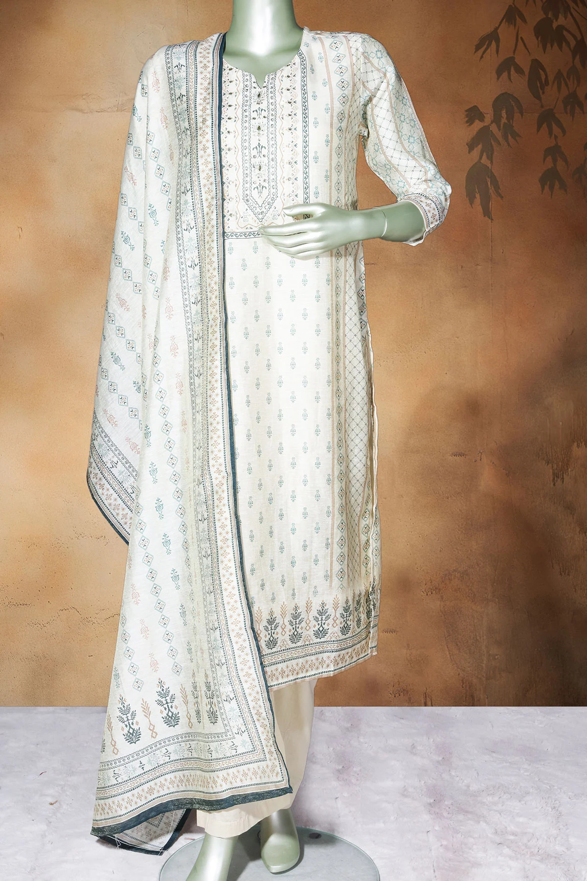 Tussar Chanderi Ready Made Suit with Elegant Neck Embroidery - Image 2