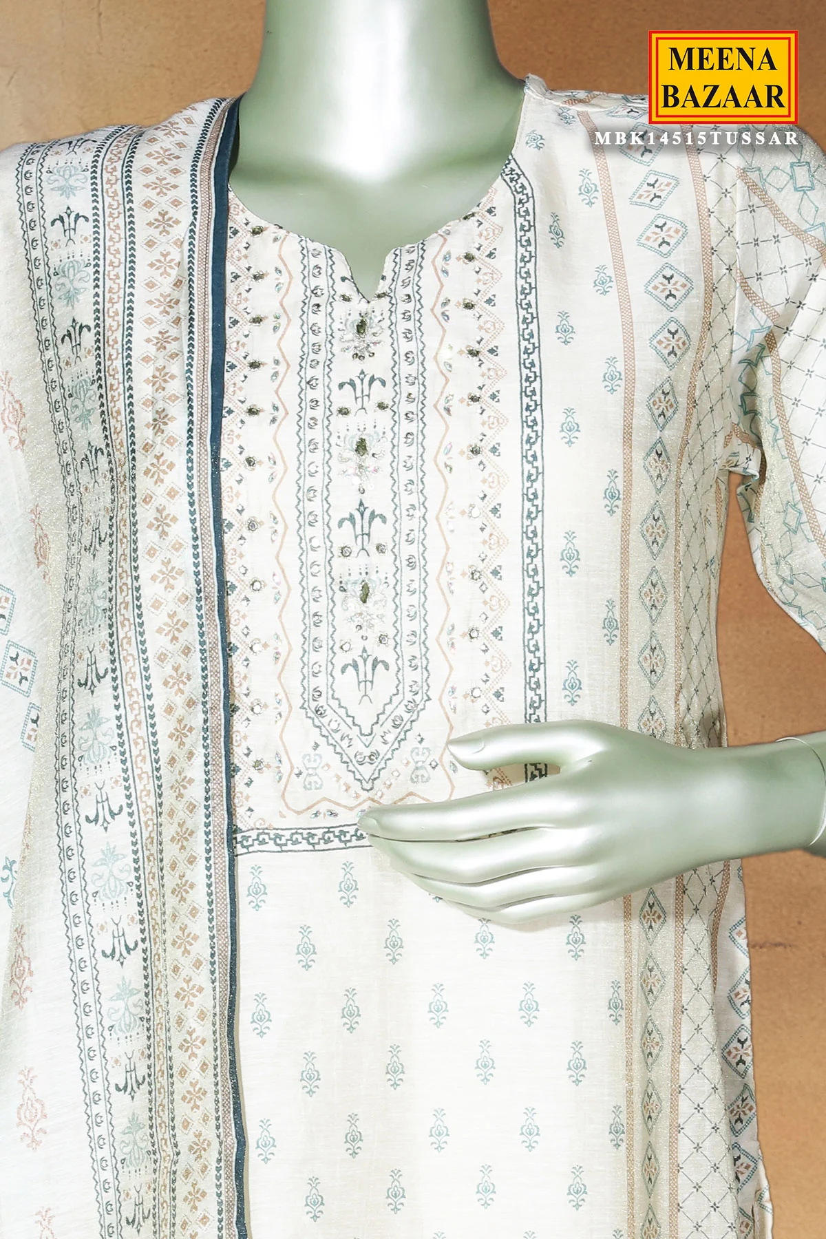Tussar Chanderi Ready Made Suit with Elegant Neck Embroidery - Image 3