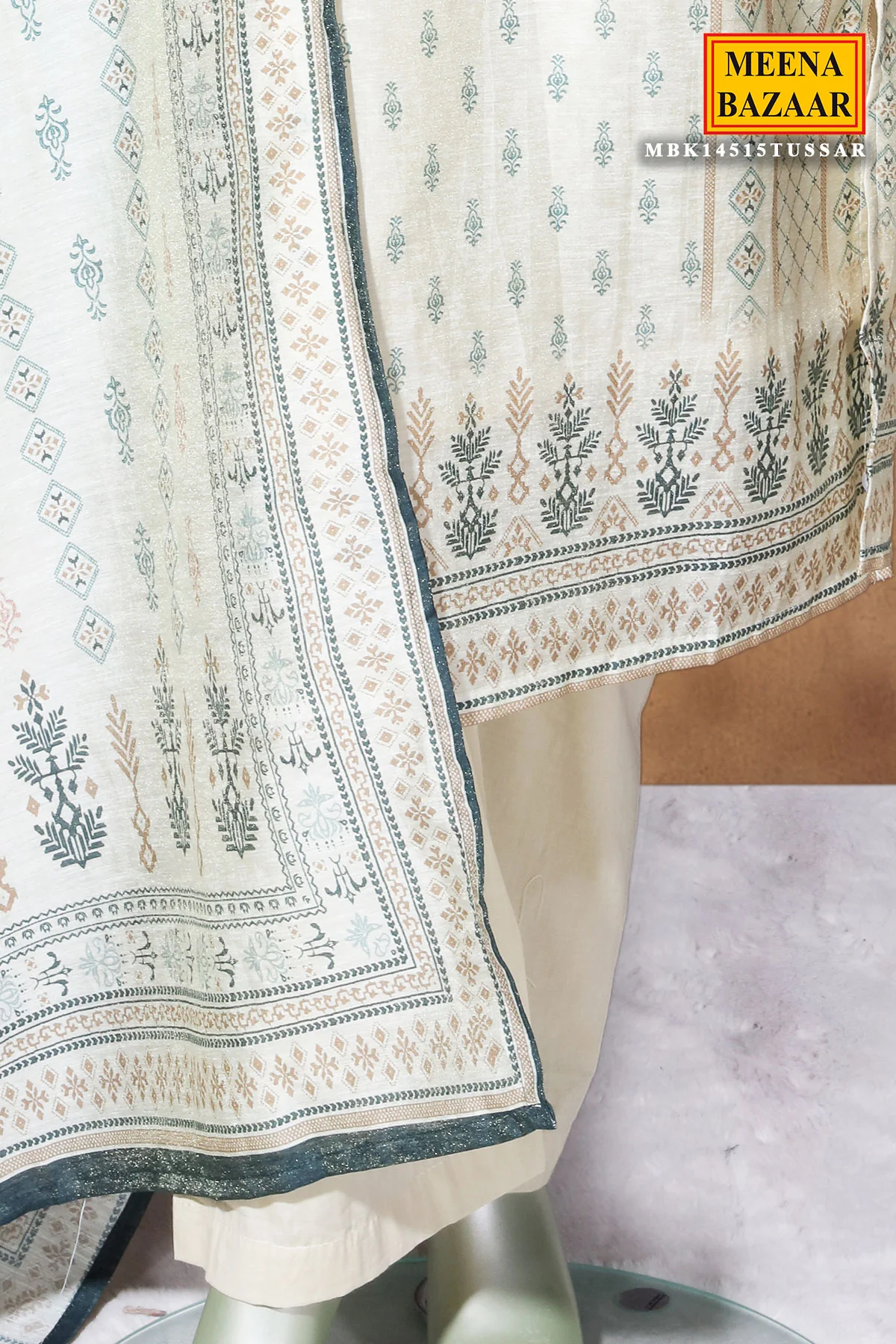Tussar Chanderi Ready Made Suit with Elegant Neck Embroidery - Image 4