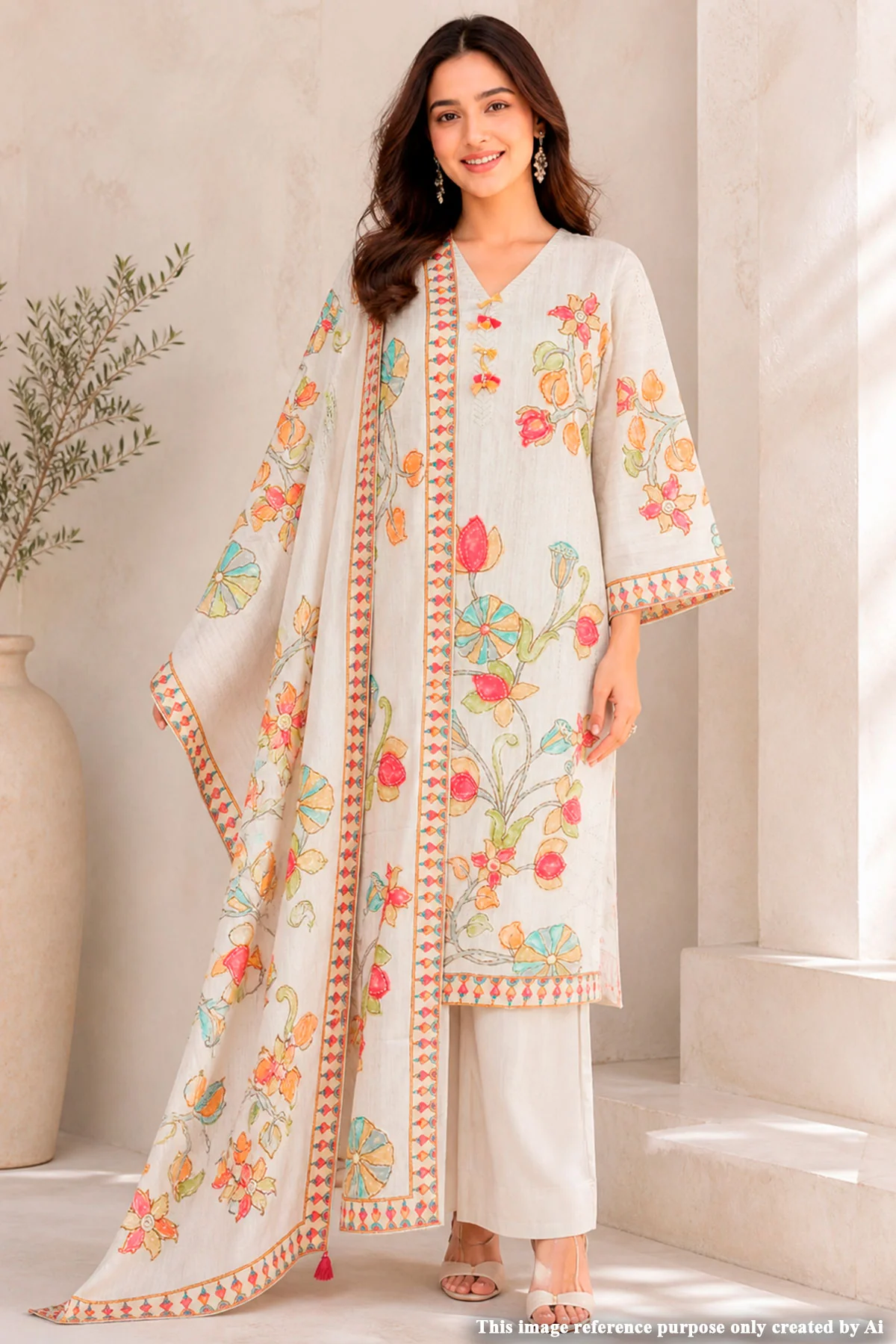 Tussar Cotton Ready-Made Suit with Elegant Neck Embroidery