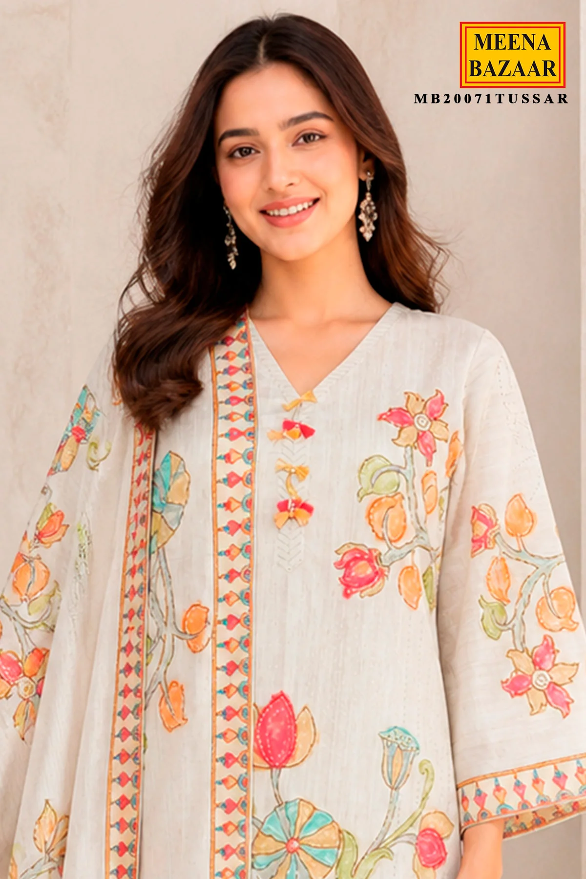 Tussar Cotton Ready-Made Suit with Elegant Neck Embroidery - Image 2