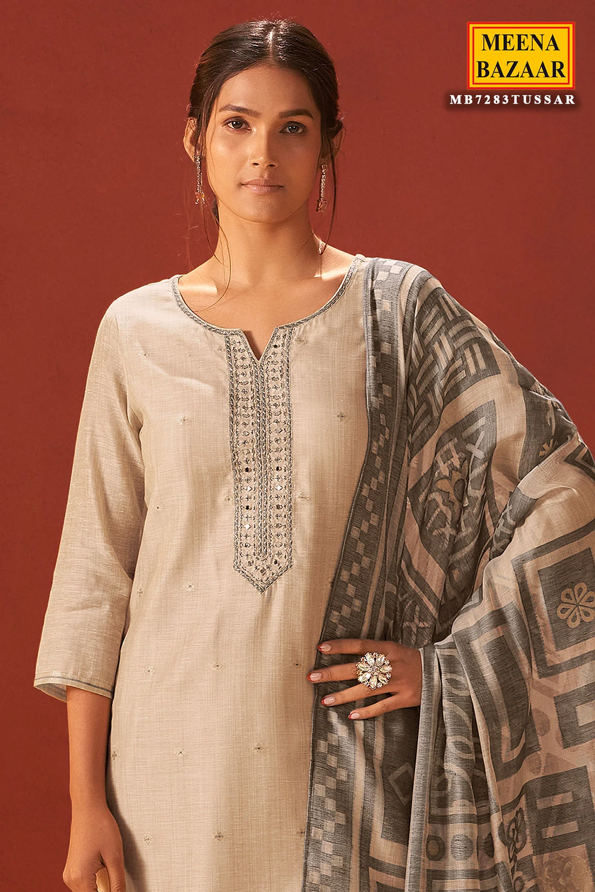 Tussar Cotton Ready Made Suit with Neck Embroidery - Image 2