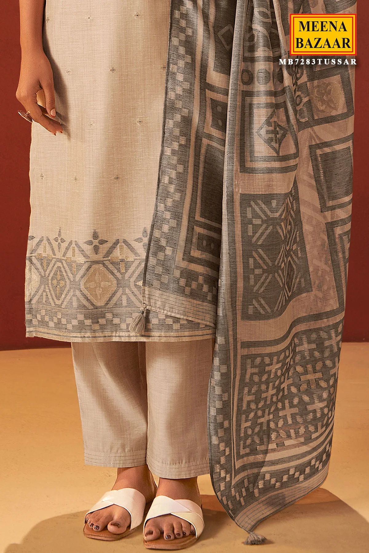 Tussar Cotton Ready Made Suit with Neck Embroidery - Image 3