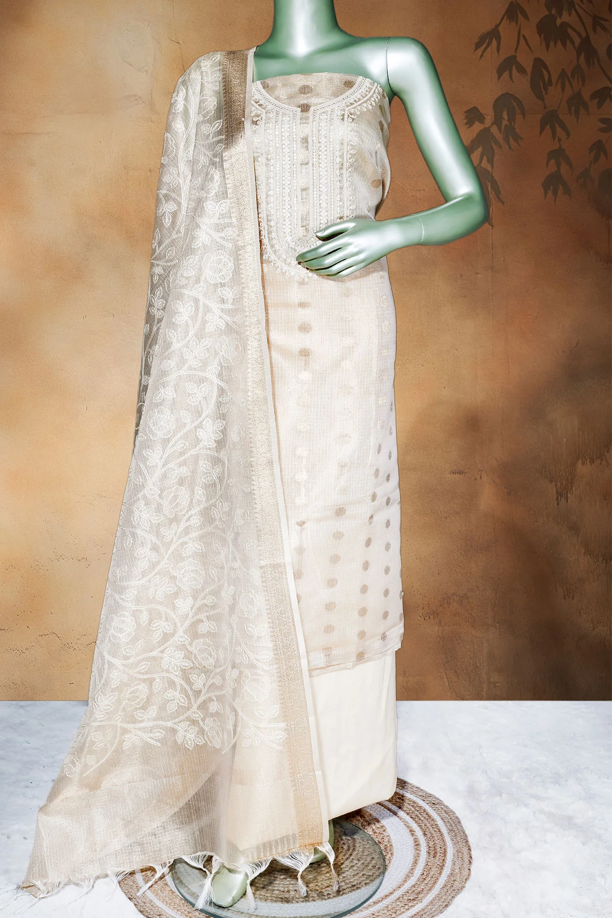Tussar Cotton Unstitched Suit with Elegant Embroidery Work - Image 2