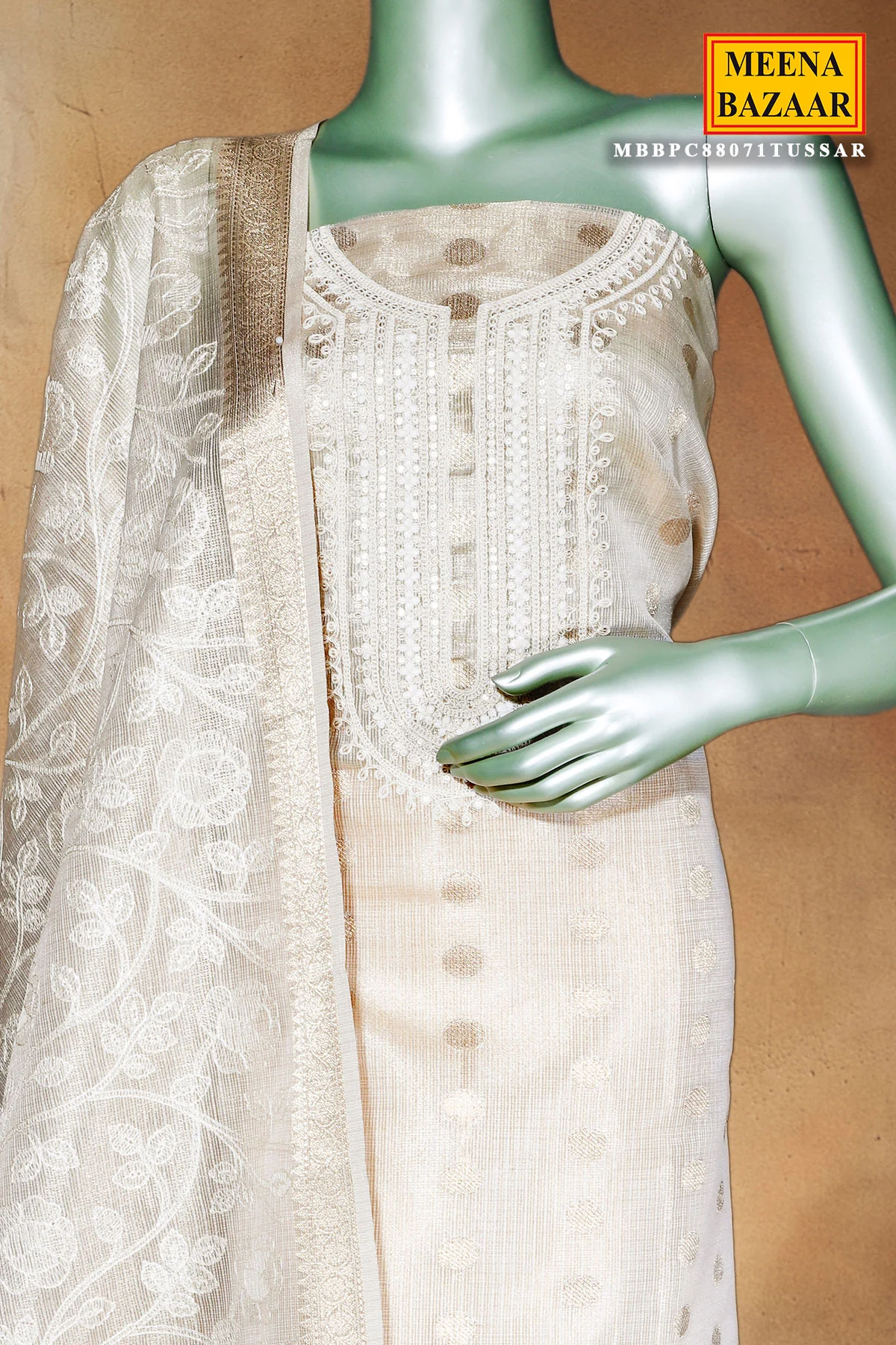 Tussar Cotton Unstitched Suit with Elegant Embroidery Work - Image 3