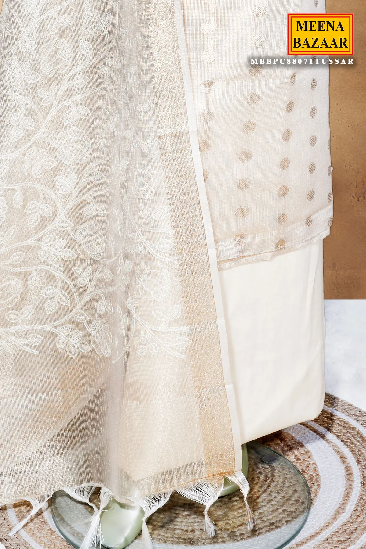 Tussar Cotton Unstitched Suit with Elegant Embroidery Work - Image 4