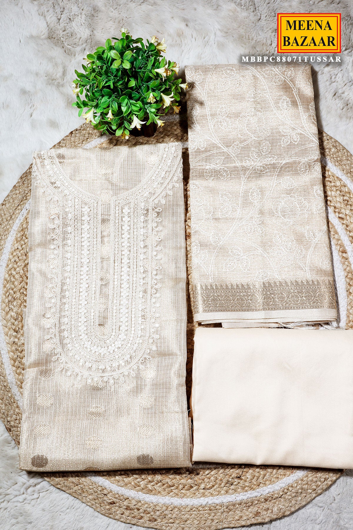Tussar Cotton Unstitched Suit with Elegant Embroidery Work - Image 6