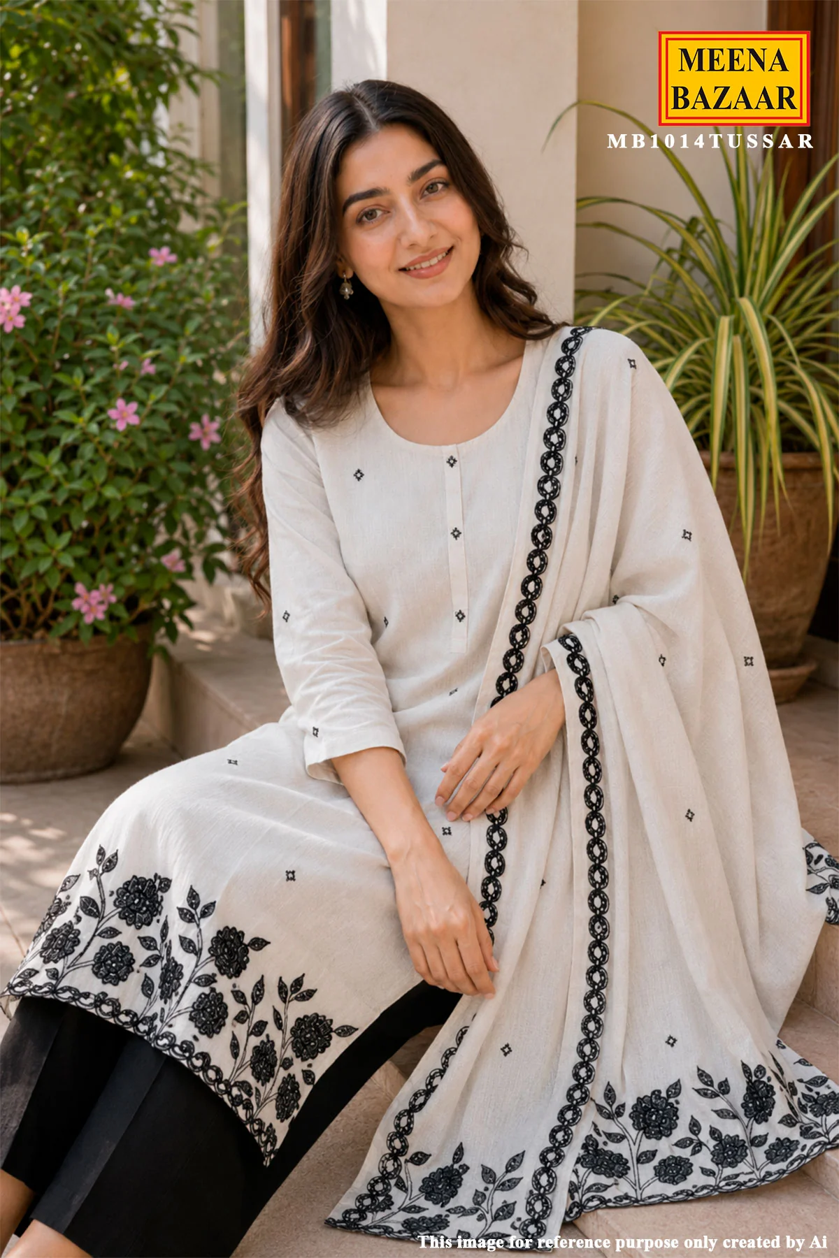 Tussar Embroidered Suit Set with Dupatta - Image 2