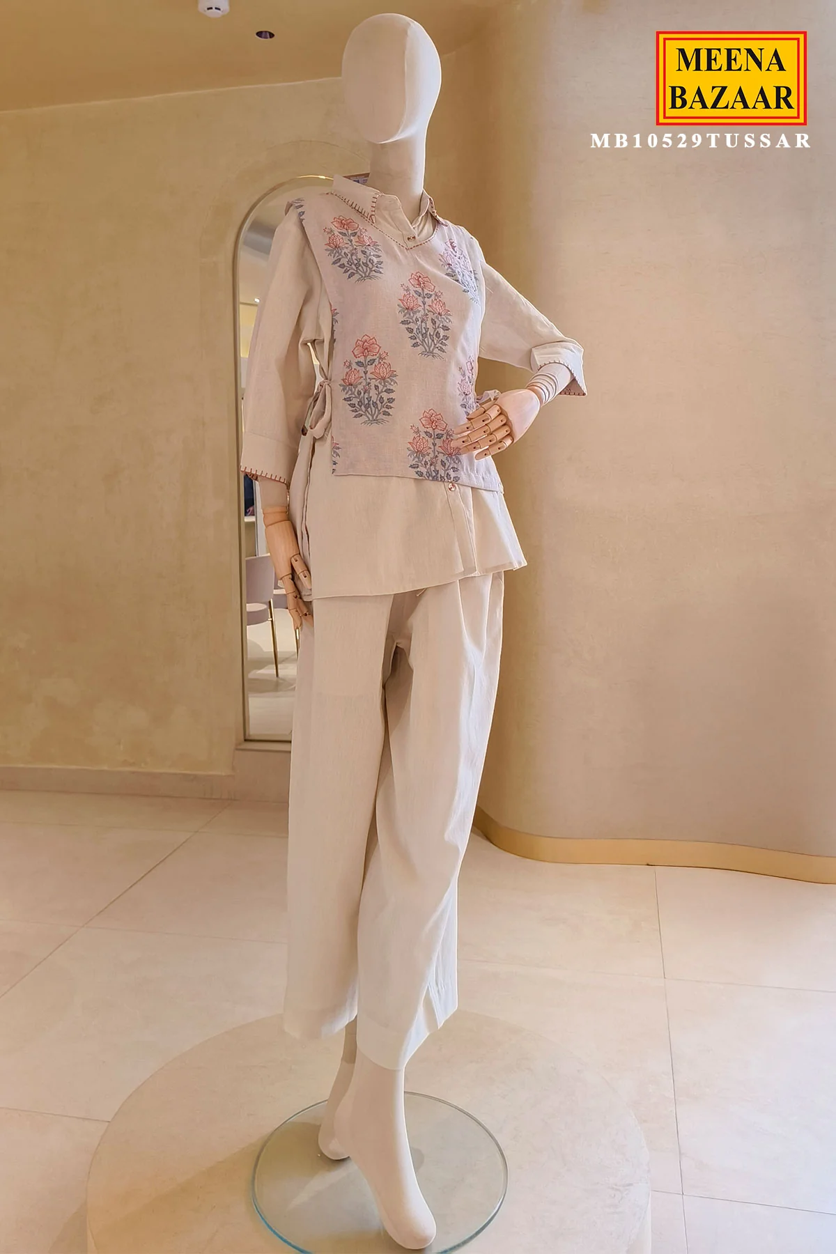 Tussar Floral Embroidered Layered Co Ord Set with Wide-Leg Pants for Women - Image 3