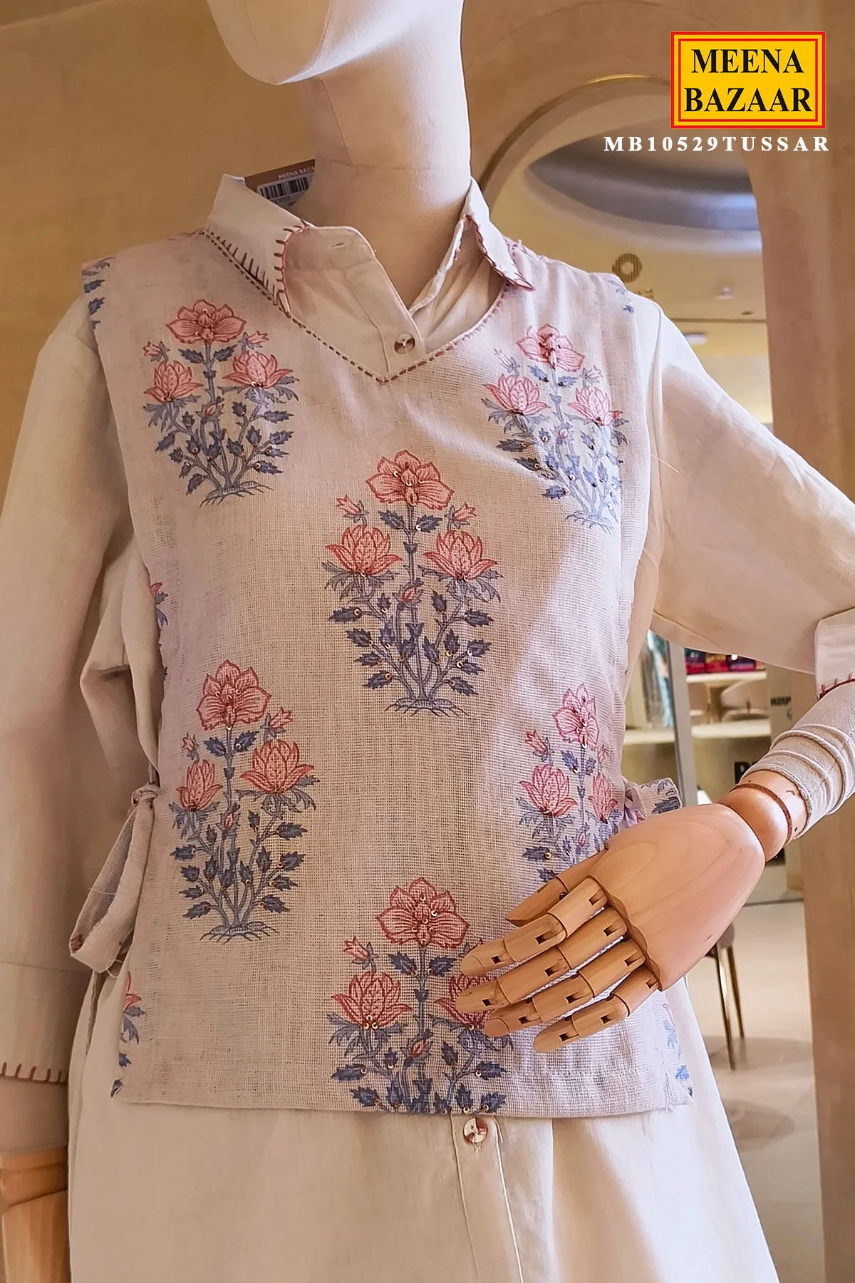 Tussar Floral Embroidered Layered Co Ord Set with Wide-Leg Pants for Women - Image 5