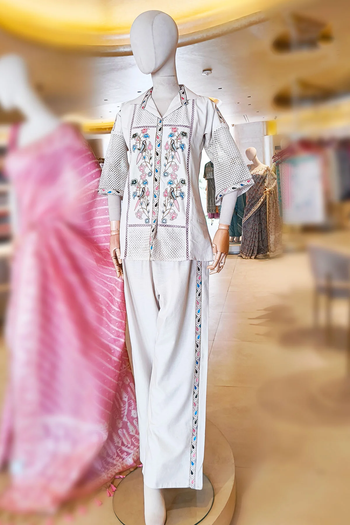 Tussar Floral Embroidered Summer Co-Ord Set with Straight Pants for Women - Image 2