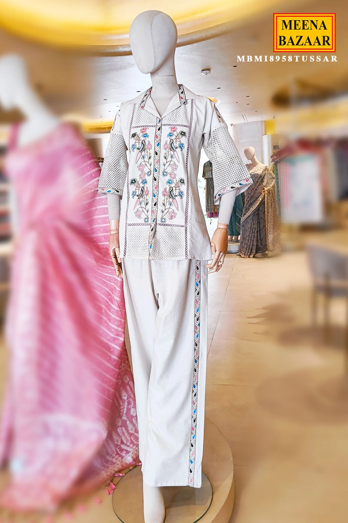 Tussar Floral Embroidered Summer Co-Ord Set with Straight Pants for Women - Image 3