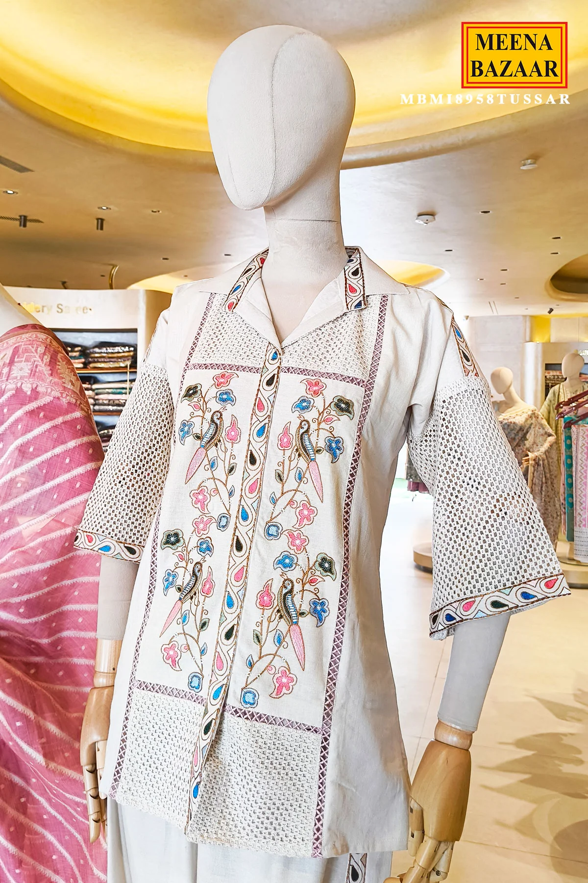 Tussar Floral Embroidered Summer Co-Ord Set with Straight Pants for Women - Image 4