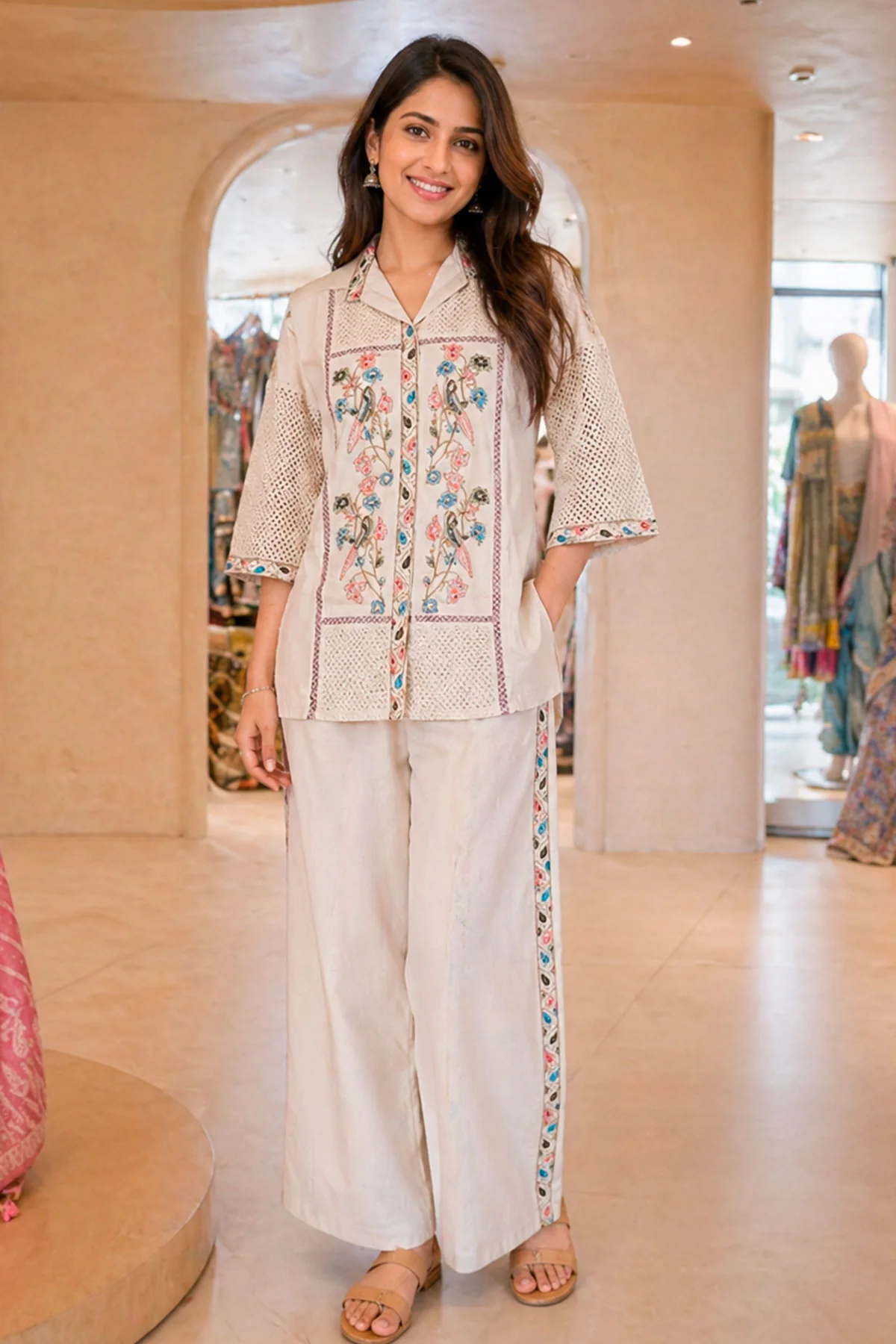 Tussar Floral Embroidered Summer Co-Ord Set with Straight Pants for Women - Image 6