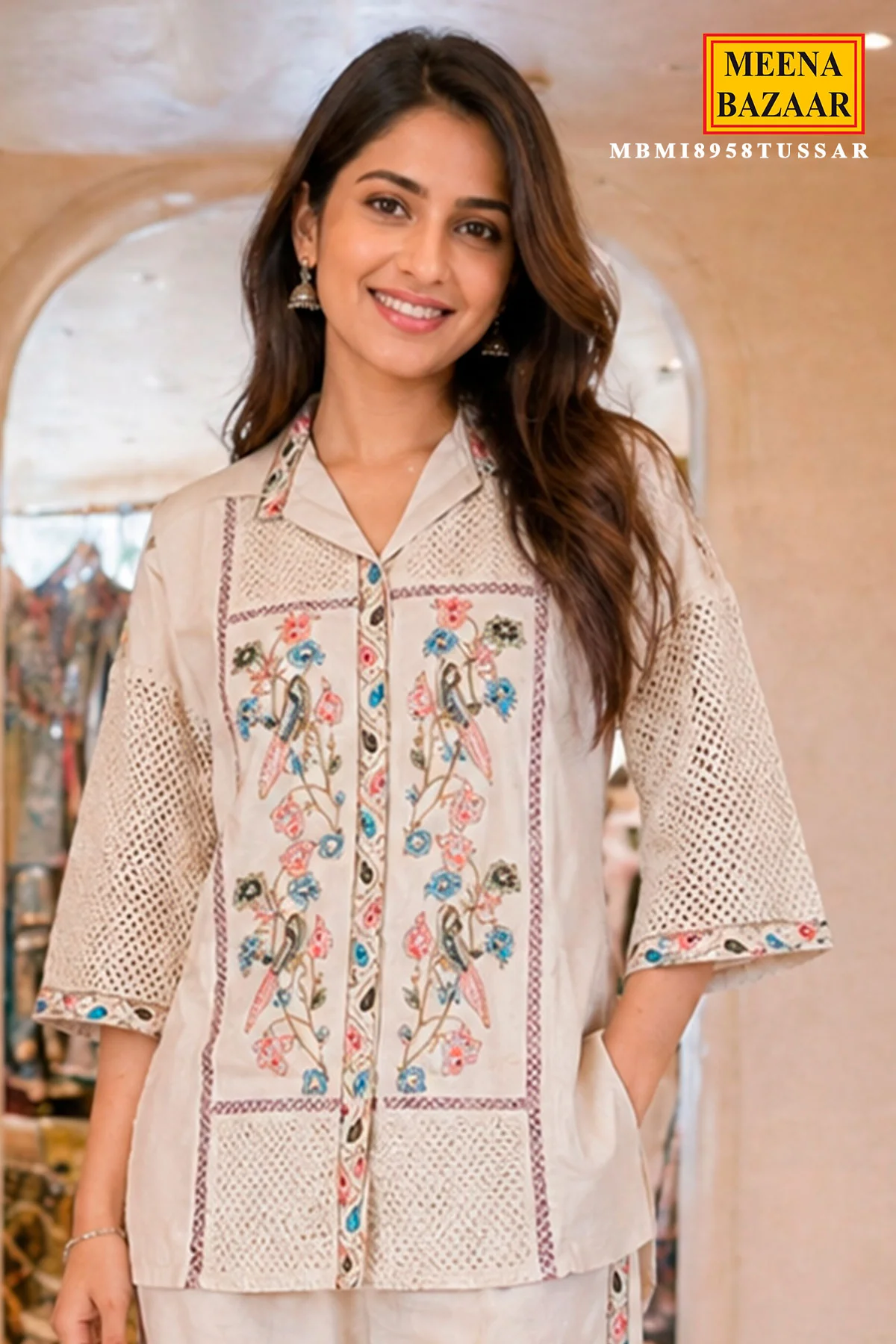 Tussar Floral Embroidered Summer Co-Ord Set with Straight Pants for Women - Image 7
