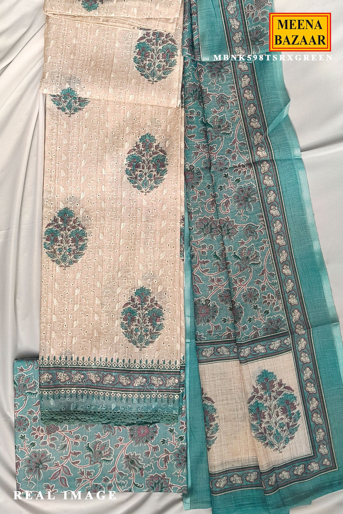 Tussar & Green Floral Cotton Unstitched Suit Set with Printed Dupatta for Women - Image 4