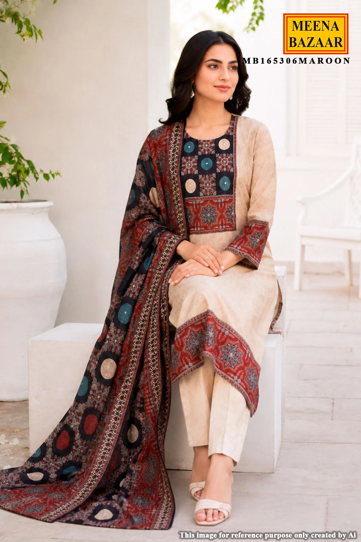 Tussar Maslin Suit with Neck Embroidery - Image 2