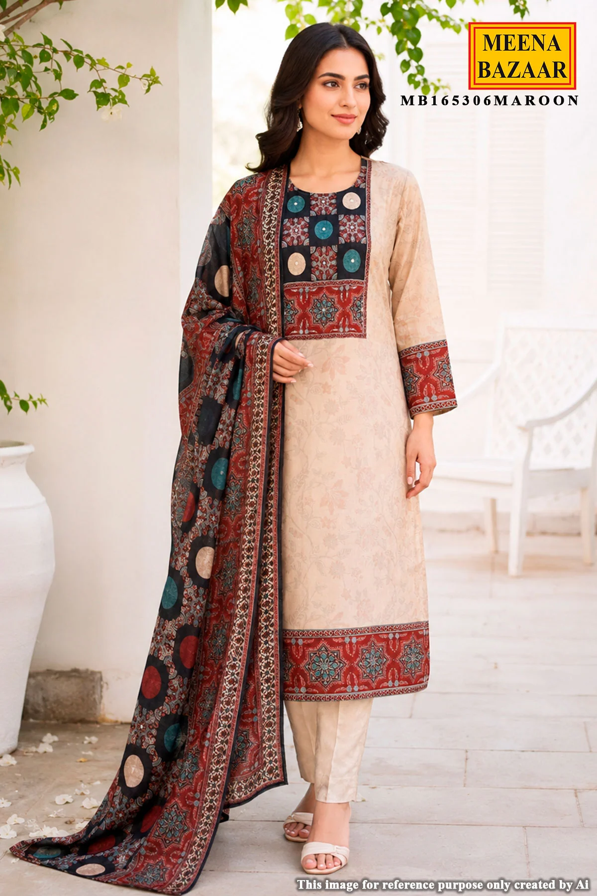 Tussar Maslin Suit with Neck Embroidery - Image 3