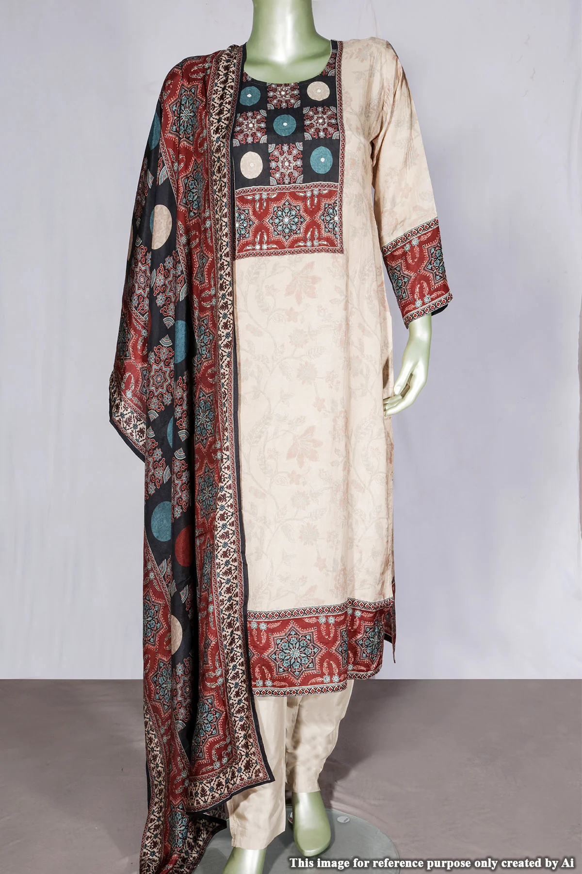 Tussar Maslin Suit with Neck Embroidery - Image 5
