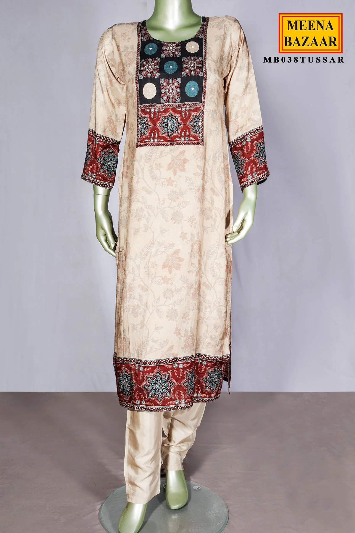Tussar Maslin Suit with Neck Embroidery - Image 6