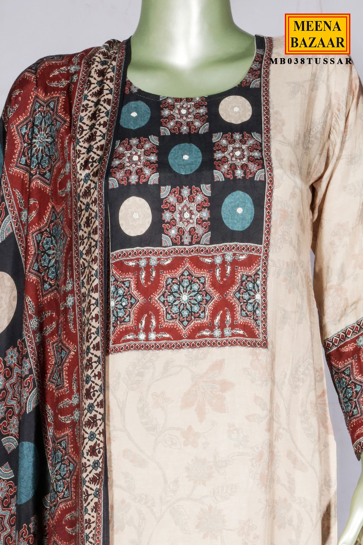 Tussar Maslin Suit with Neck Embroidery - Image 7