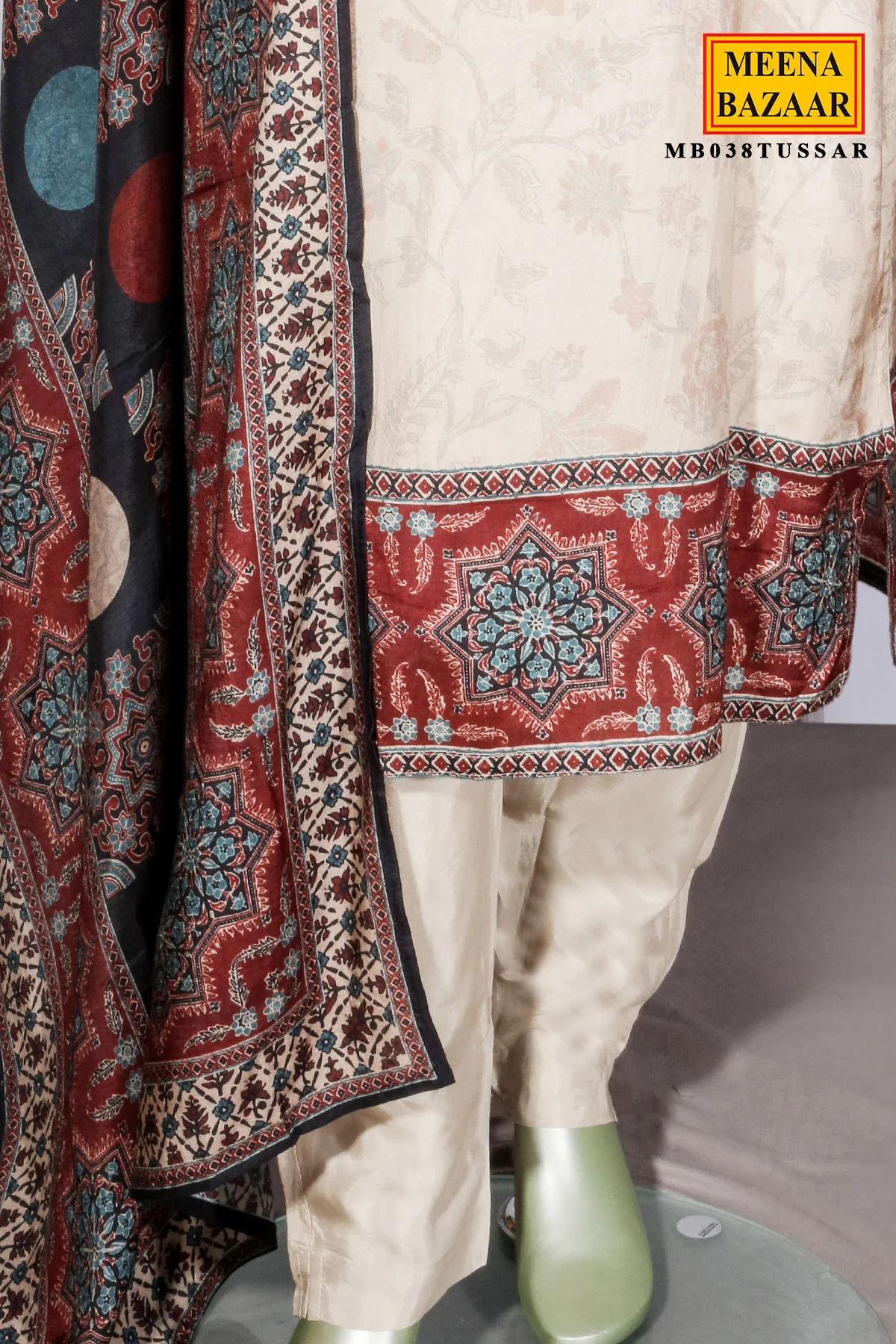 Tussar Maslin Suit with Neck Embroidery - Image 8