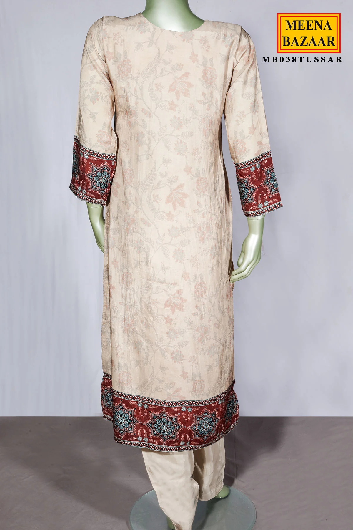 Tussar Maslin Suit with Neck Embroidery - Image 9