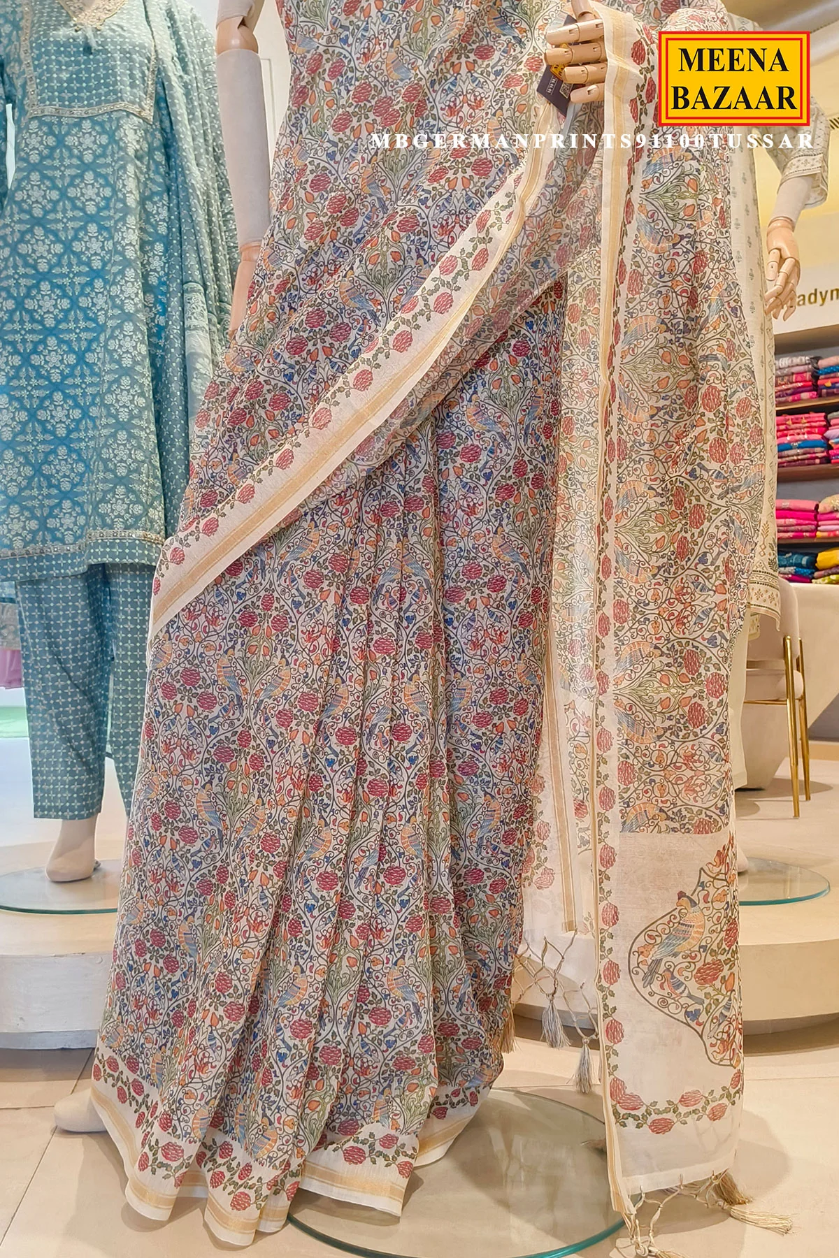 Tussar Multicolor Printed Organza Printed Saree with Tassel Pallu for Women - Image 7