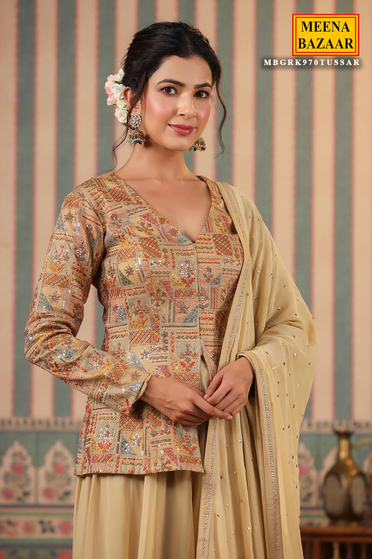 Tussar Silk Sequins Thread and Zari Embroidered Short Kurti with Georgette Sharara Suit - Image 2