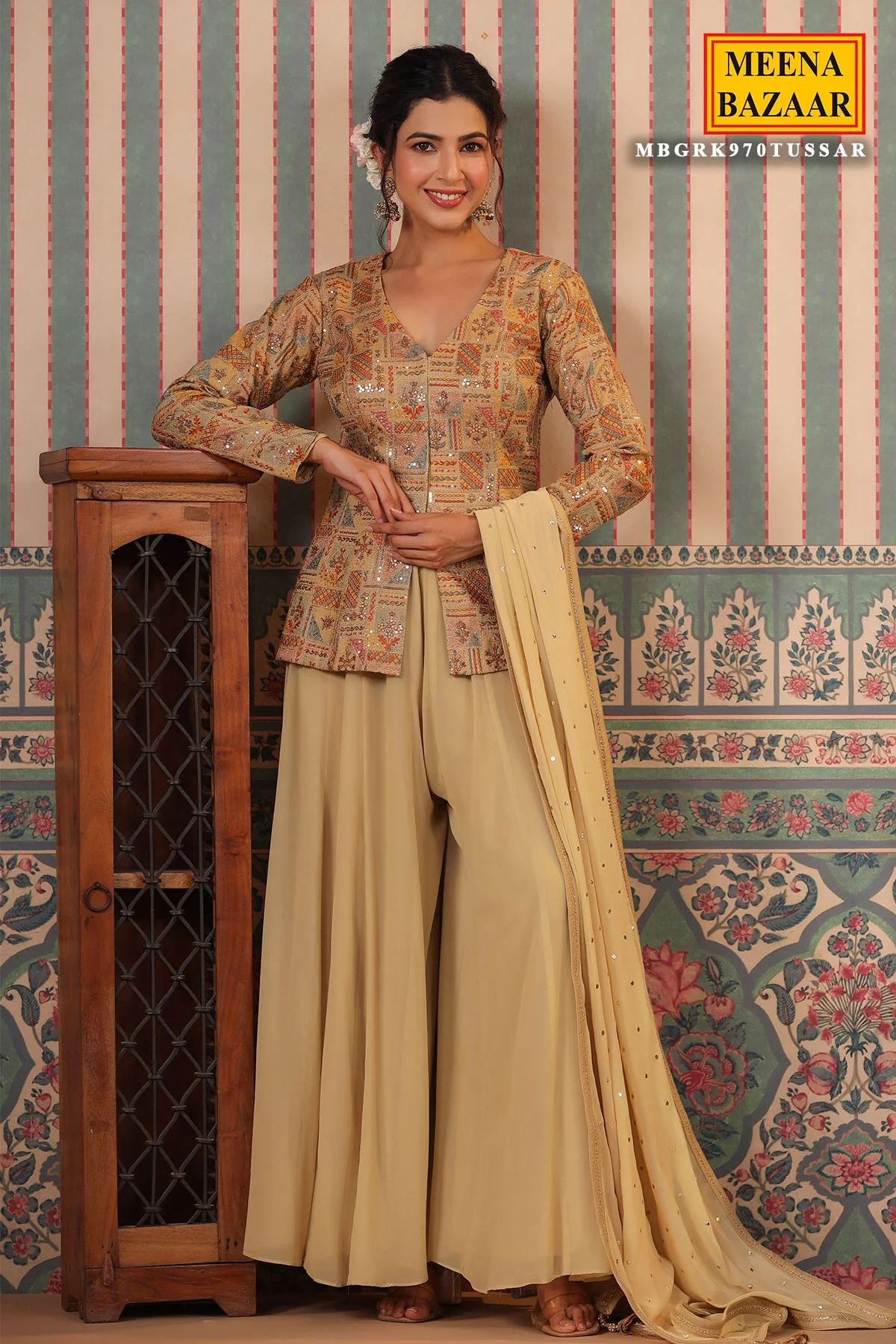 Tussar Silk Sequins Thread and Zari Embroidered Short Kurti with Georgette Sharara Suit - Image 3