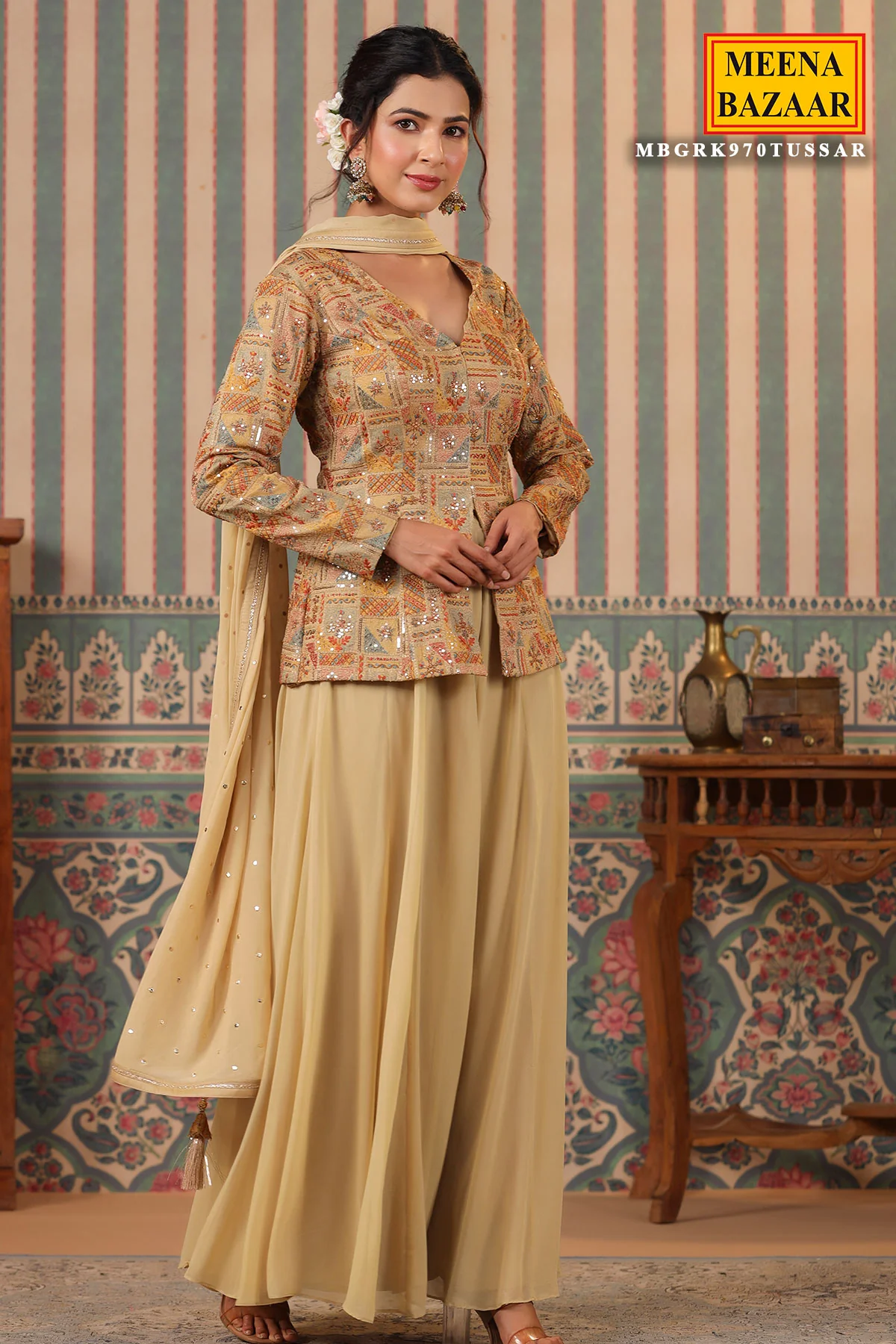 Tussar Silk Sequins Thread and Zari Embroidered Short Kurti with Georgette Sharara Suit - Image 4