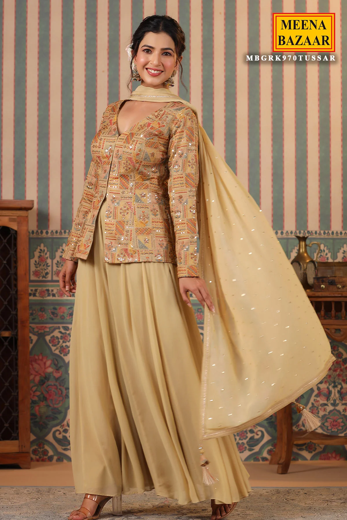 Tussar Silk Sequins Thread and Zari Embroidered Short Kurti with Georgette Sharara Suit - Image 6