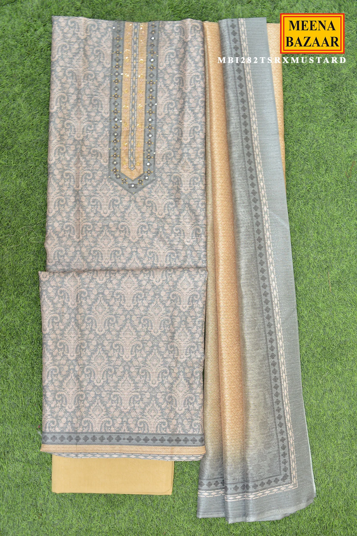 Unstiched Grey Kurta Set with Mustard Pants & Dupatta - Image 2