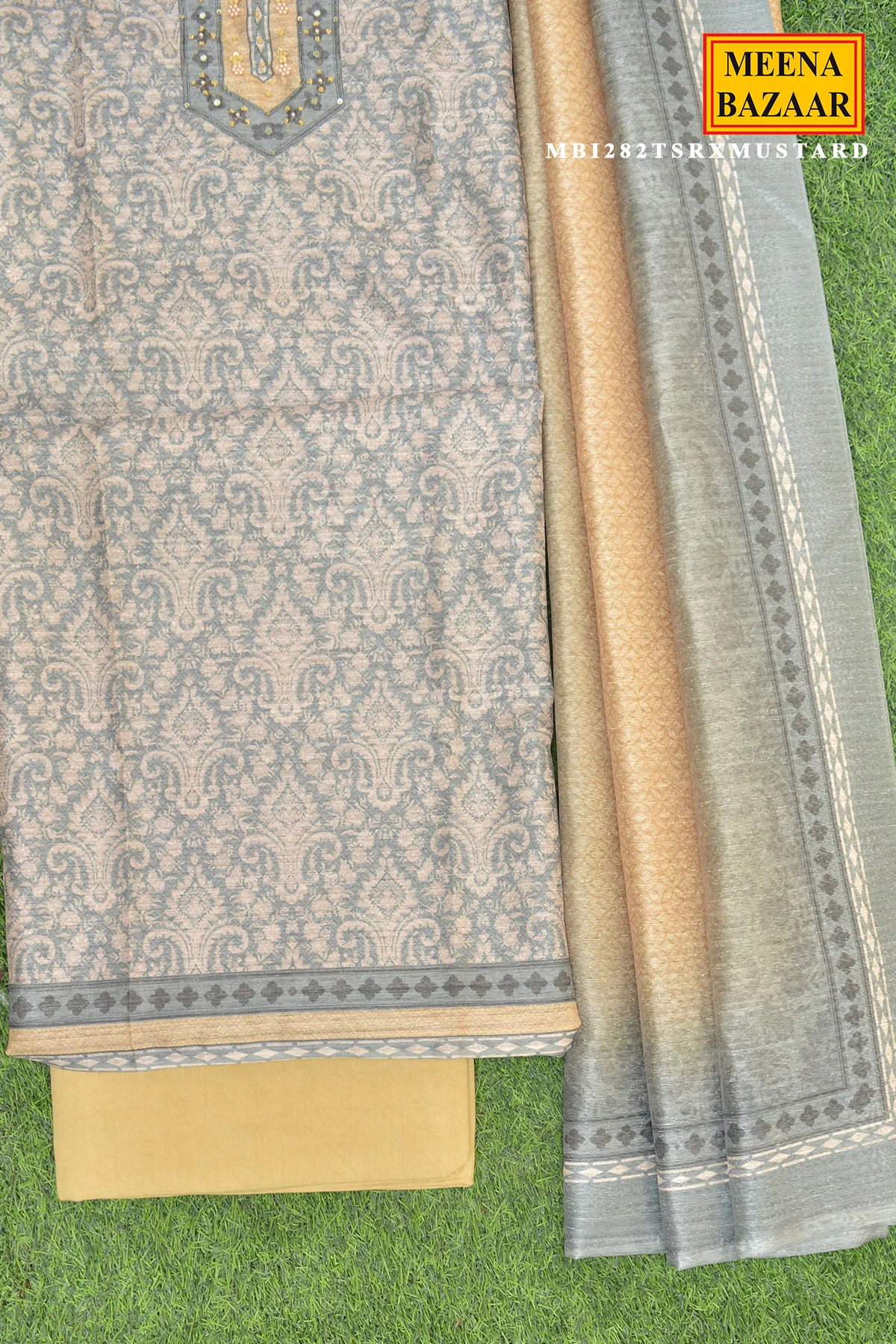 Unstiched Grey Kurta Set with Mustard Pants & Dupatta - Image 3