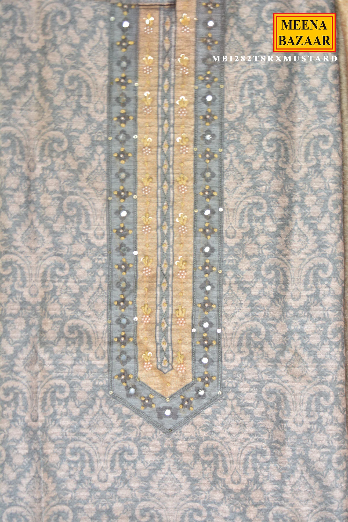 Unstiched Grey Kurta Set with Mustard Pants & Dupatta - Image 4