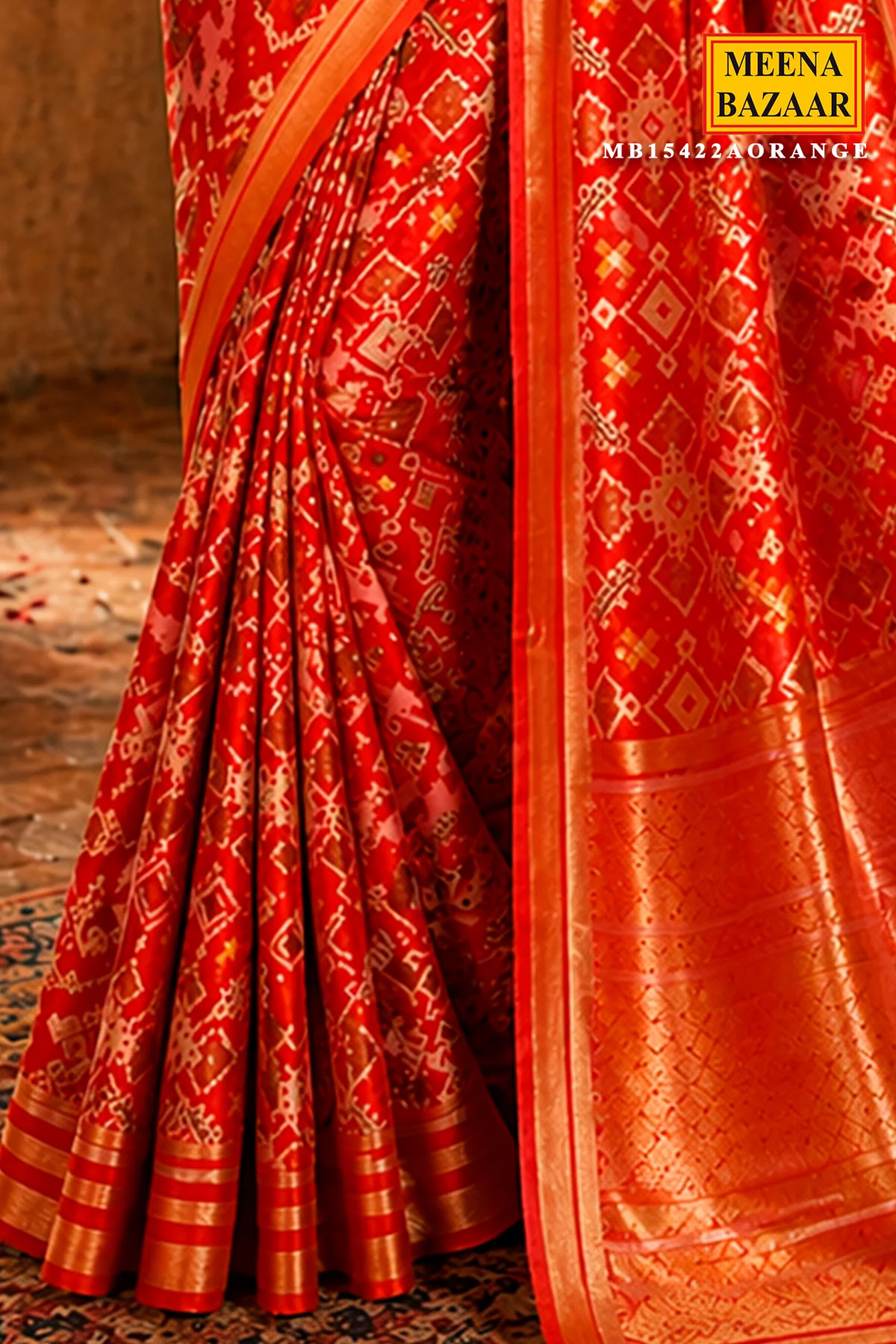 Vibrant Orange Patola Silk Saree with Intricate Weave & Zari Border - Image 3