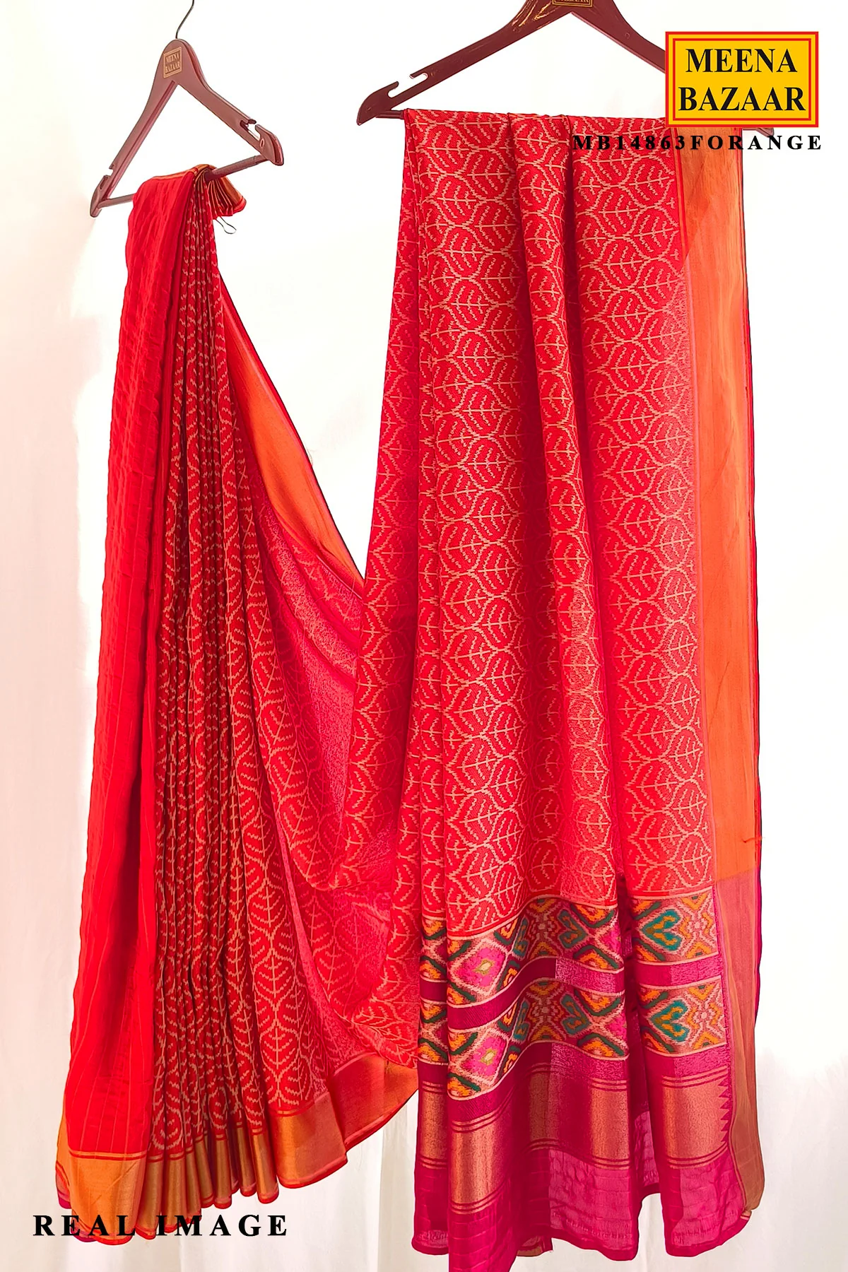 Vibrant Orange Silk Saree - Image 2