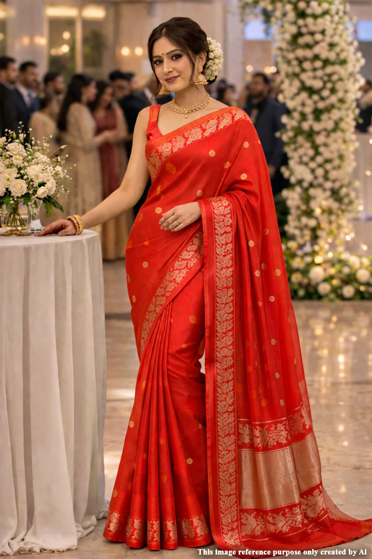 Vibrant Orange Silk Saree with Gold Butti & Floral Zari Border